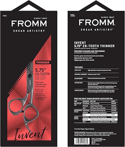 Miniatura 4 de Fromm Invent Tijeras de adelgazamiento de 28 dientes de 5.75 pulgadas para cortar cabello húmedo y seco, tijeras de acero japonés plateado pulido