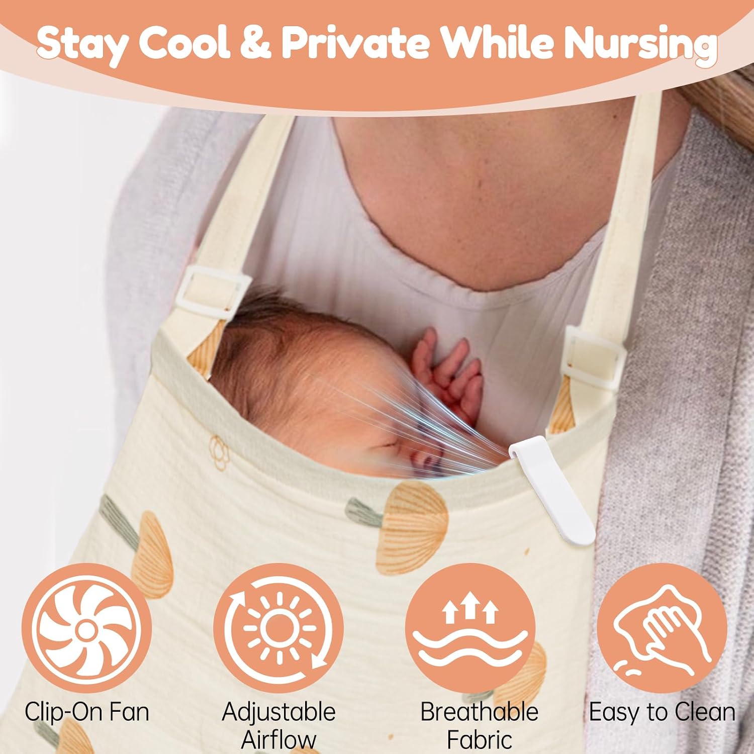 Nursing Cover Up with Fan, Breathable Adjustable Nursing Apron, with Arch Neckline for Women, with Portable Silent Mini Fan Clip On, Keep Cool and Comfortable, for Outdoors and Home