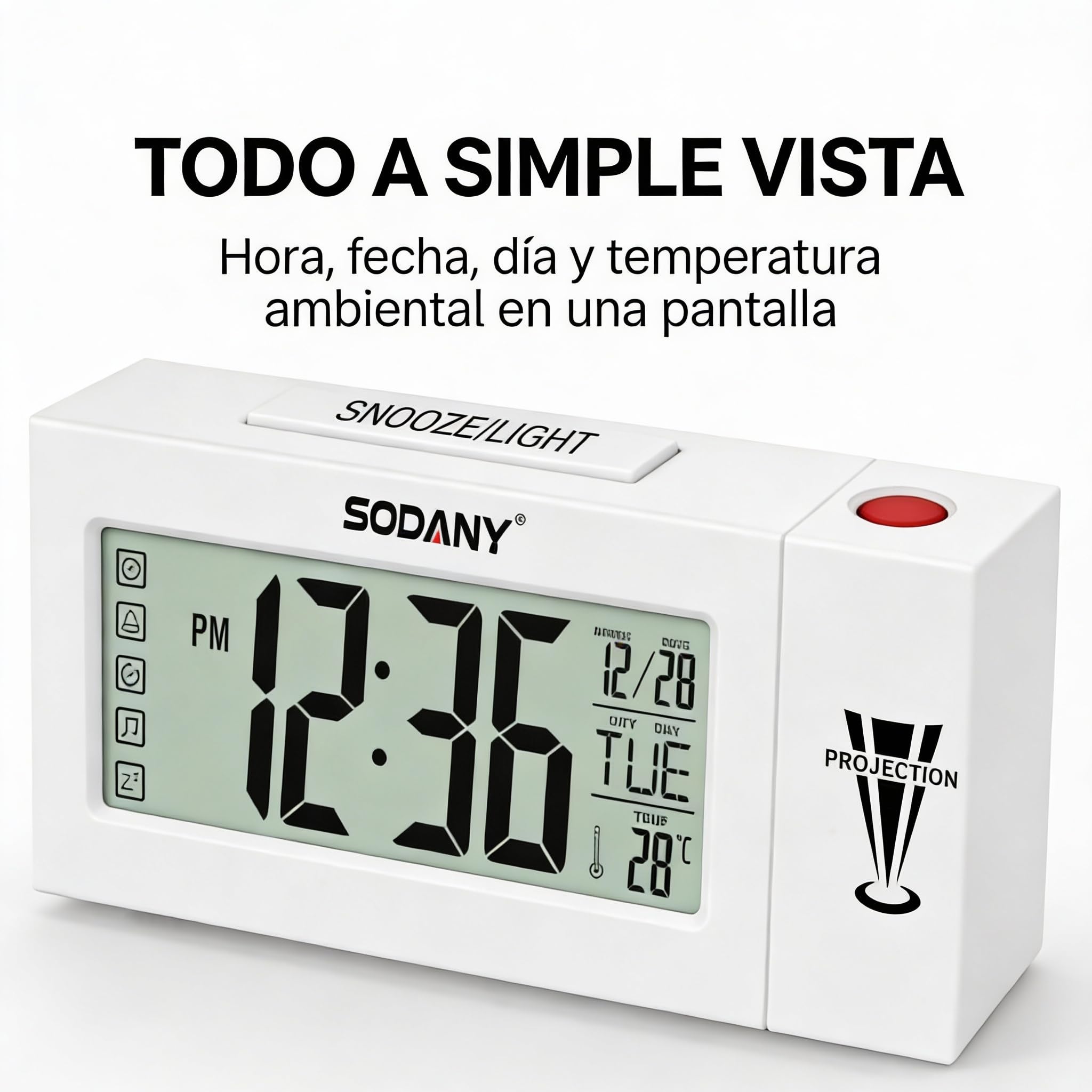 Despertador Proyector Techo Reloj Digital de Mesita Noche a Pilas con Pantalla LCD Grande, Luz de Fondo Activada por Tacto, Temperatura, Fecha y Alarma Snooze para Dormitorio Oficina (Blanco)