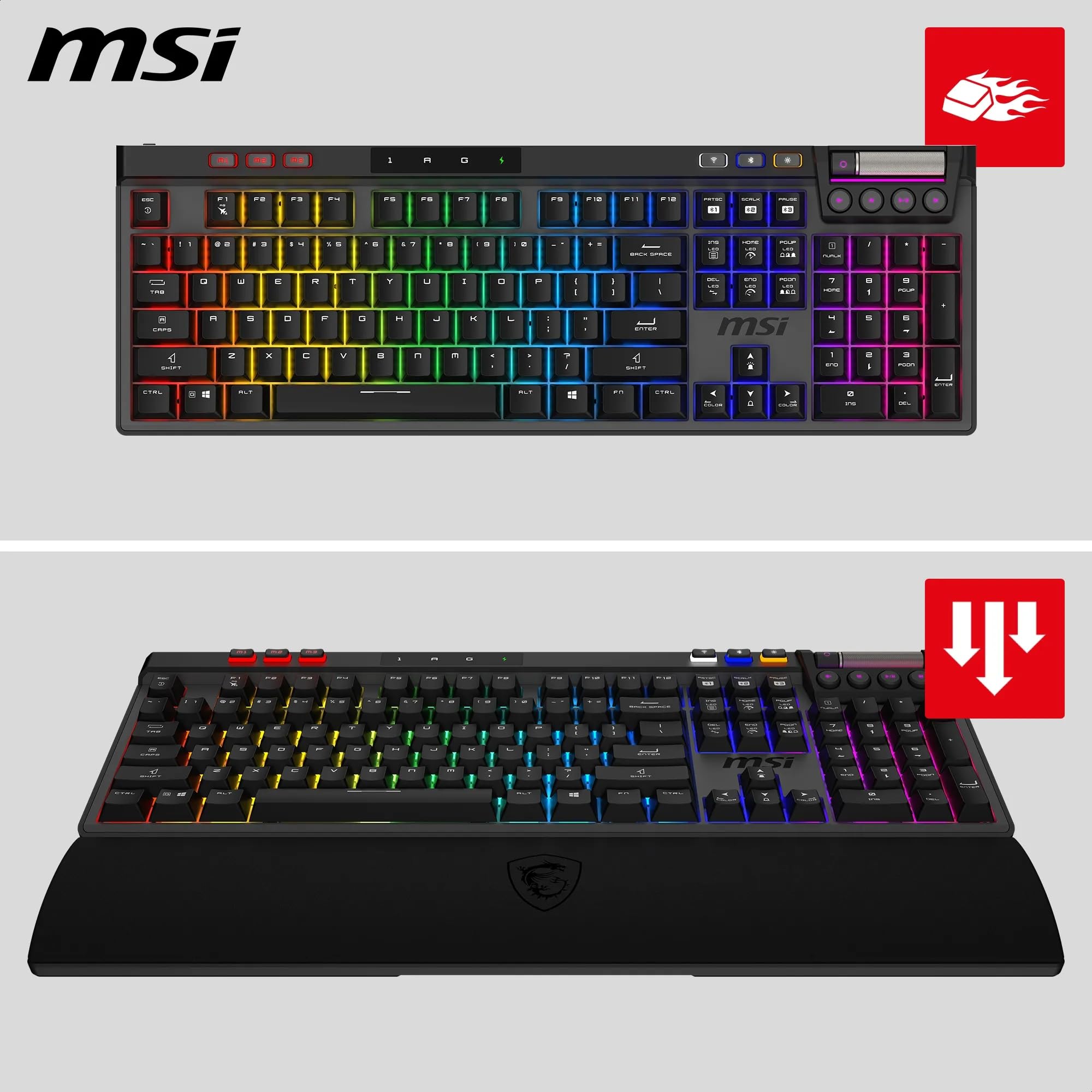 MSI Strike Pro Wireless - Clavier Gaming sans Fil - AZERTY, Disposition FR, switches Silent Tactile remplaçables à Chaud, keycaps PBT, 2.4GHz, Bluetooth, RGB Mystic Light par Touche, Batt 4200mAh
