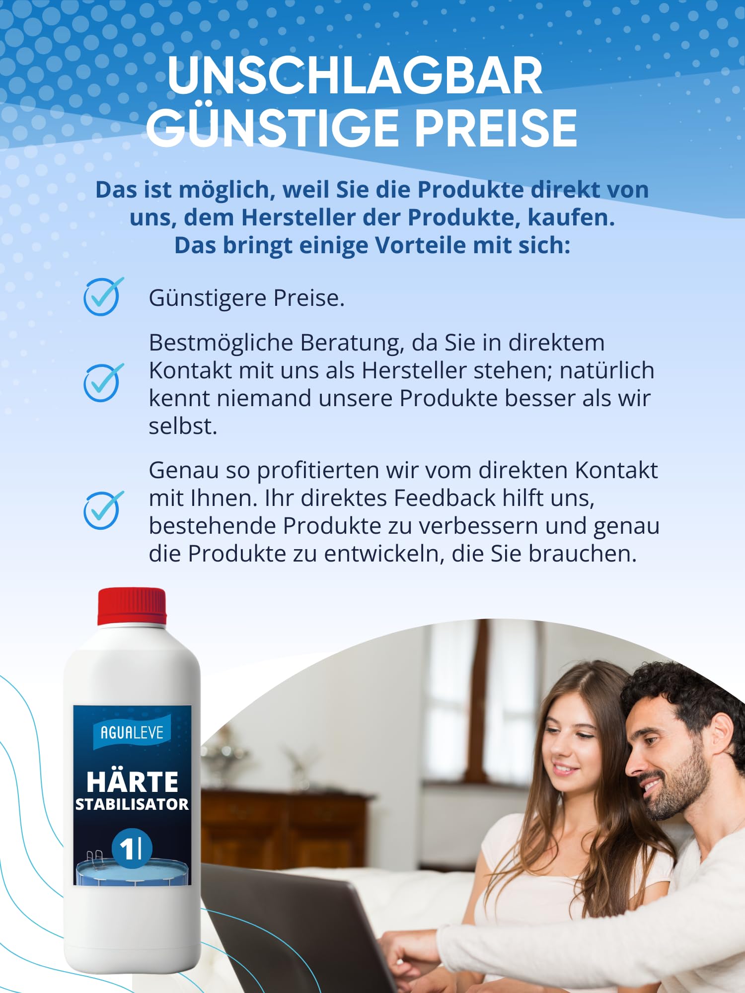 AGUALEVE® Härte Stabilisator 1 Ltr. | verhindert Kalkausfällungen – schützt dadurch Anlagen | für Pools, Aufstellpools, Whirlpools jeder Art und Größe | Markenqualität Made in Germany