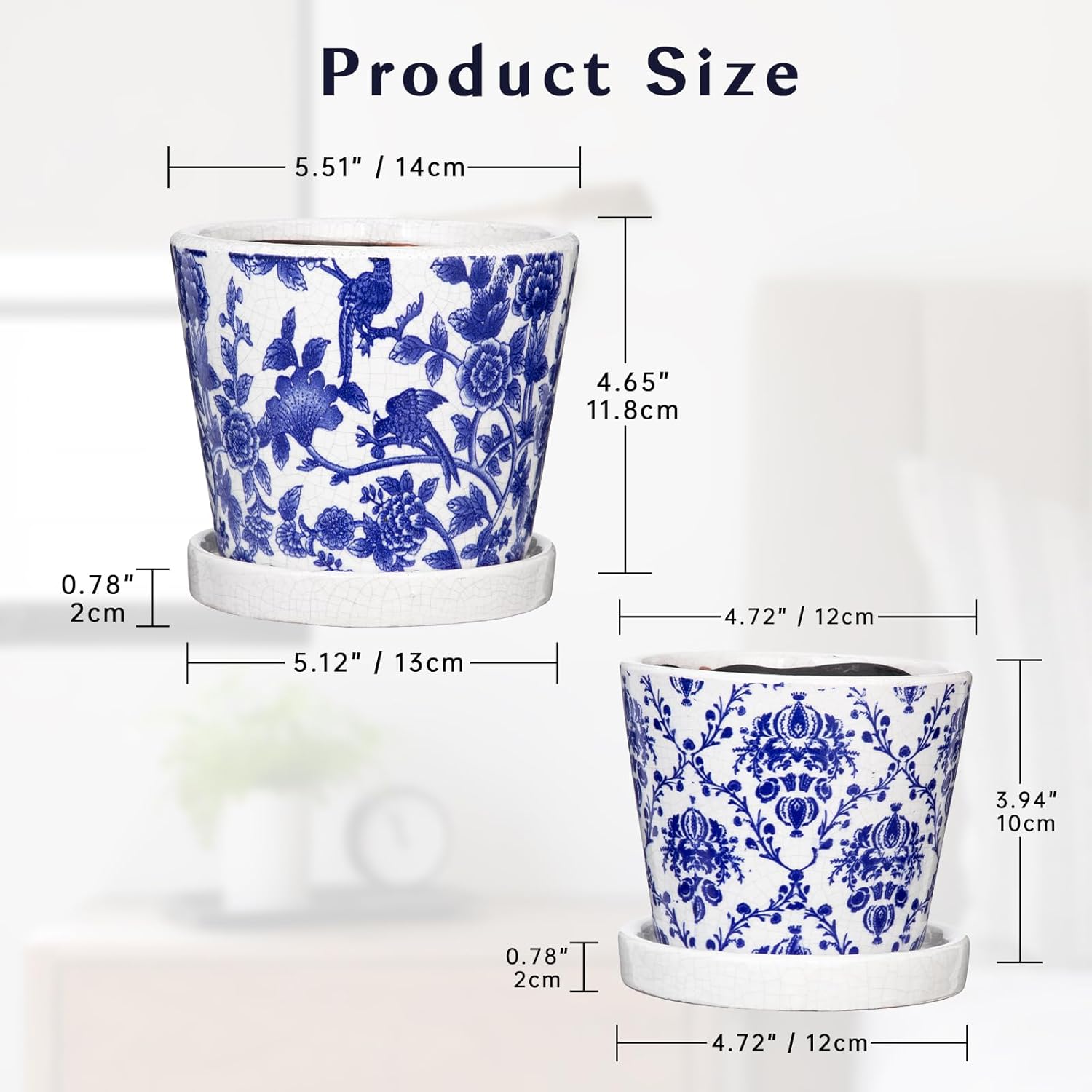Blue and White Ceramic Pots for Plants, 4.8" + 5.5" Decorative Plant Pots Round Ceramic Planters for Indoor Plants Pots with Drainage Hole Saucers, Retro Planter Pot for Succulents Cactus Flower Pots
