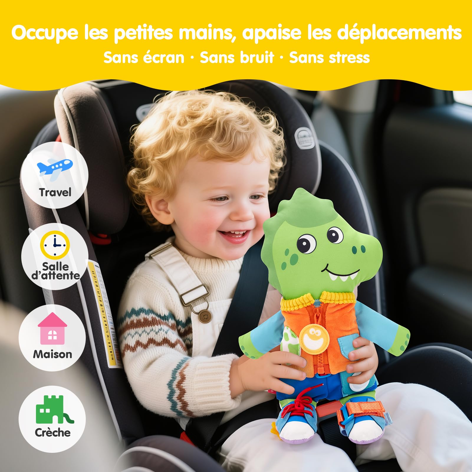 hahaland Poupée Montessori 2-en-1 pour Tout-Petits 1–3 Ans, Poupée Éducative en Peluche Réversible Licorne & Dinosaure, Motricité Fine, Apprendre à S’Habiller, 15+ Fermetures, Cadeau Enfant dès 2 Ans