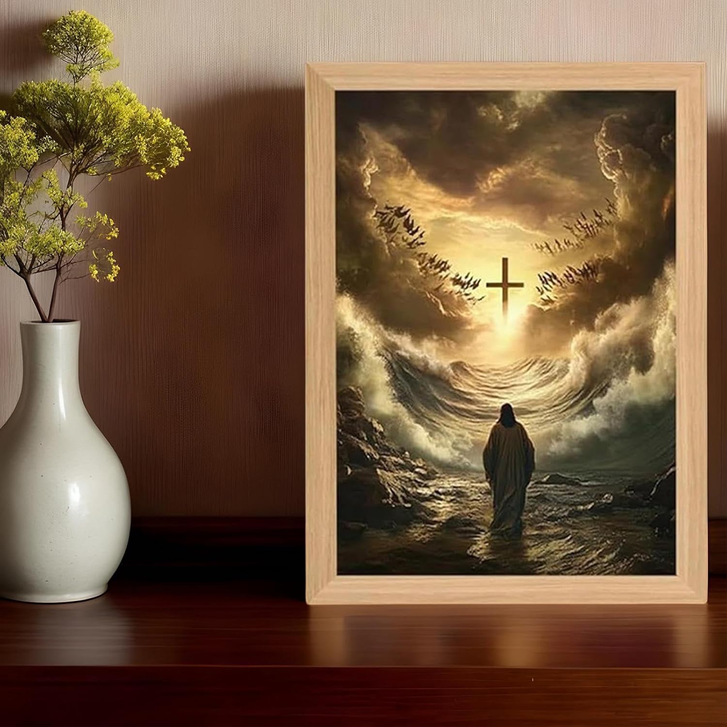 Jesus Night Light, 4D LED Christ Frame Lights, Painting Jesus Lamp Light up Picture, Illuminated Table Lamp, Decorative Wall Art Christian Religious Home Decoration for Living Room, Bedroom