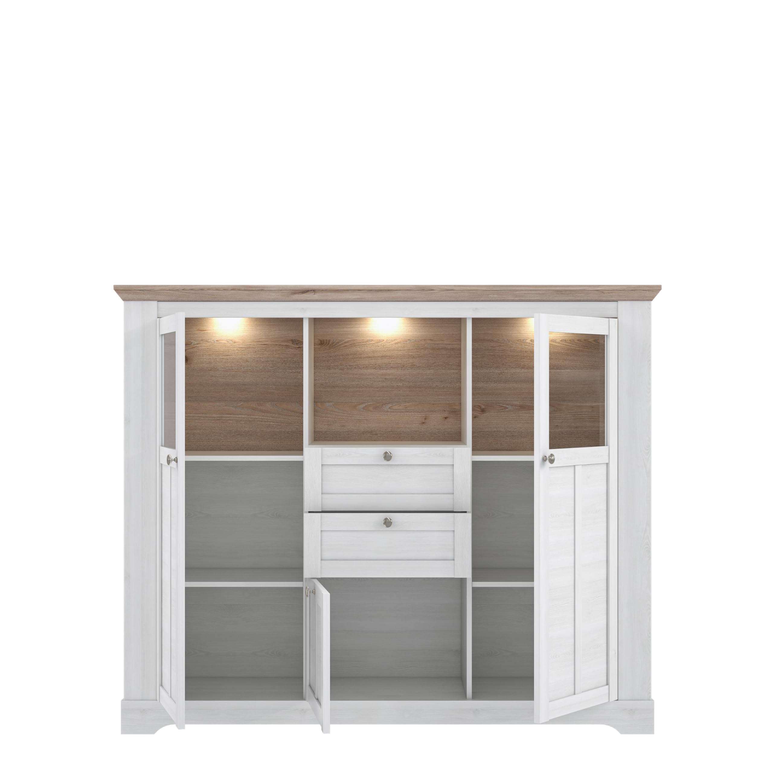 Forte ILOPPA Vitrine 165, Vitrine mit 3 Türen und 2 Schubladen, Vitrinenschrank im Landhausstil, Holzwerkstoff, Nelson Eiche/Schneeeiche Holzdekor, 165 cm breit x 136,1 cm hoch x 44,3 cm tief