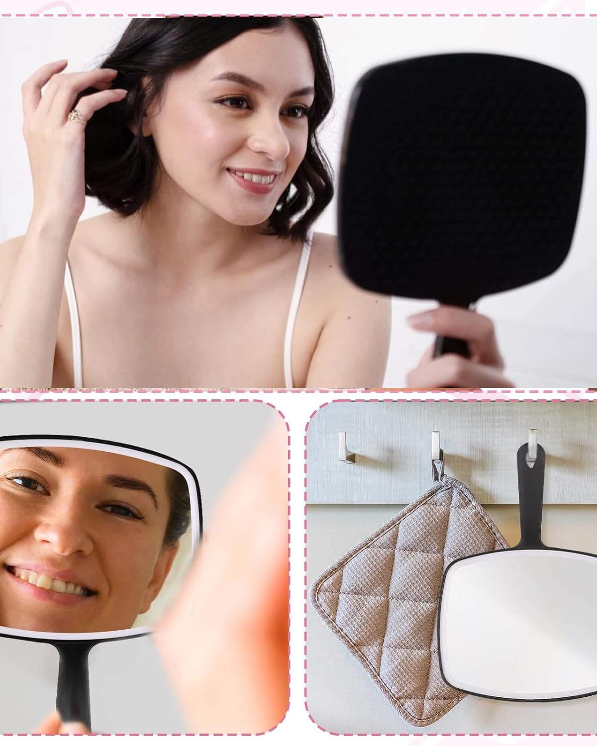 Grande specchio portatile quadrato con manico per barbieri e trucco