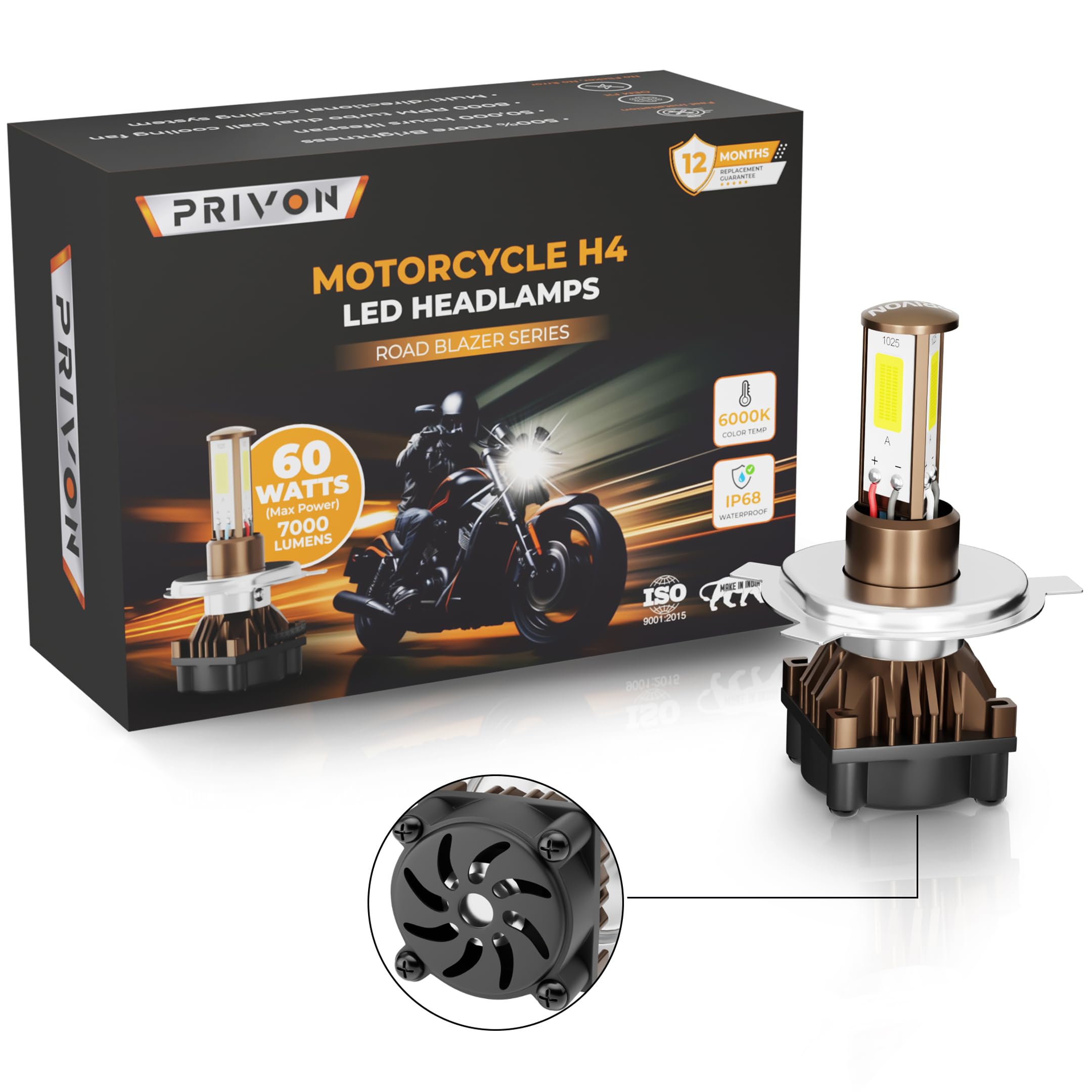 PRIVON 60W LED Headlight for Bike – 7000LM, 6000K White Light | Plug & Play | 1-Year Warranty | Ultra Bright LED Light for Night Ride (H4, Pack of 1) (60 watts, pack of 1)-image-24