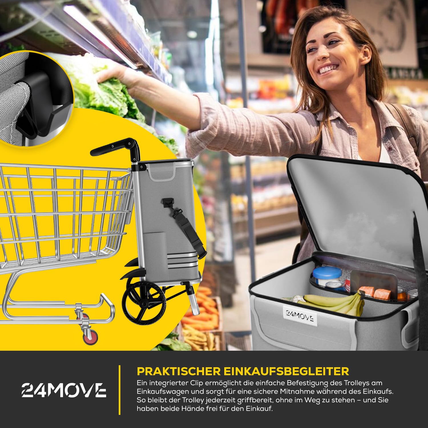 24MOVE® Einkaufstrolley Vehlo klappbar mit 55L inkl. Kühlfach, Faltbarer 3in1 Trolley - Sackkarre und Tasche, bis 40kg belastbar, grau – Ansicht 4