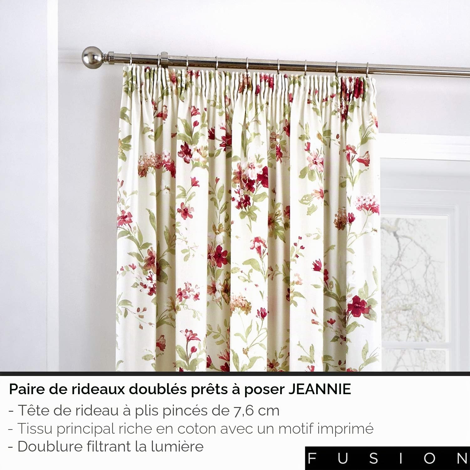 Fusion - Rideaux Floraux Blancs Vintage 168 x 183 cm - 100% Coton - 2 Panneaux Plissés avec Fleurs Rouges - Blanc/Rouge - Collection Jeannie