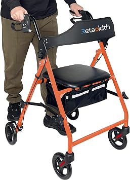 Retaoldth Foldable Rollator Walker with Seat for Seniors, Easy Folding | One-Hand Carry, 6" All-Terrain Wheels, Height Adjustable,Lightweight Rolling Walker for Elderly, 300lb Capacity, Orange