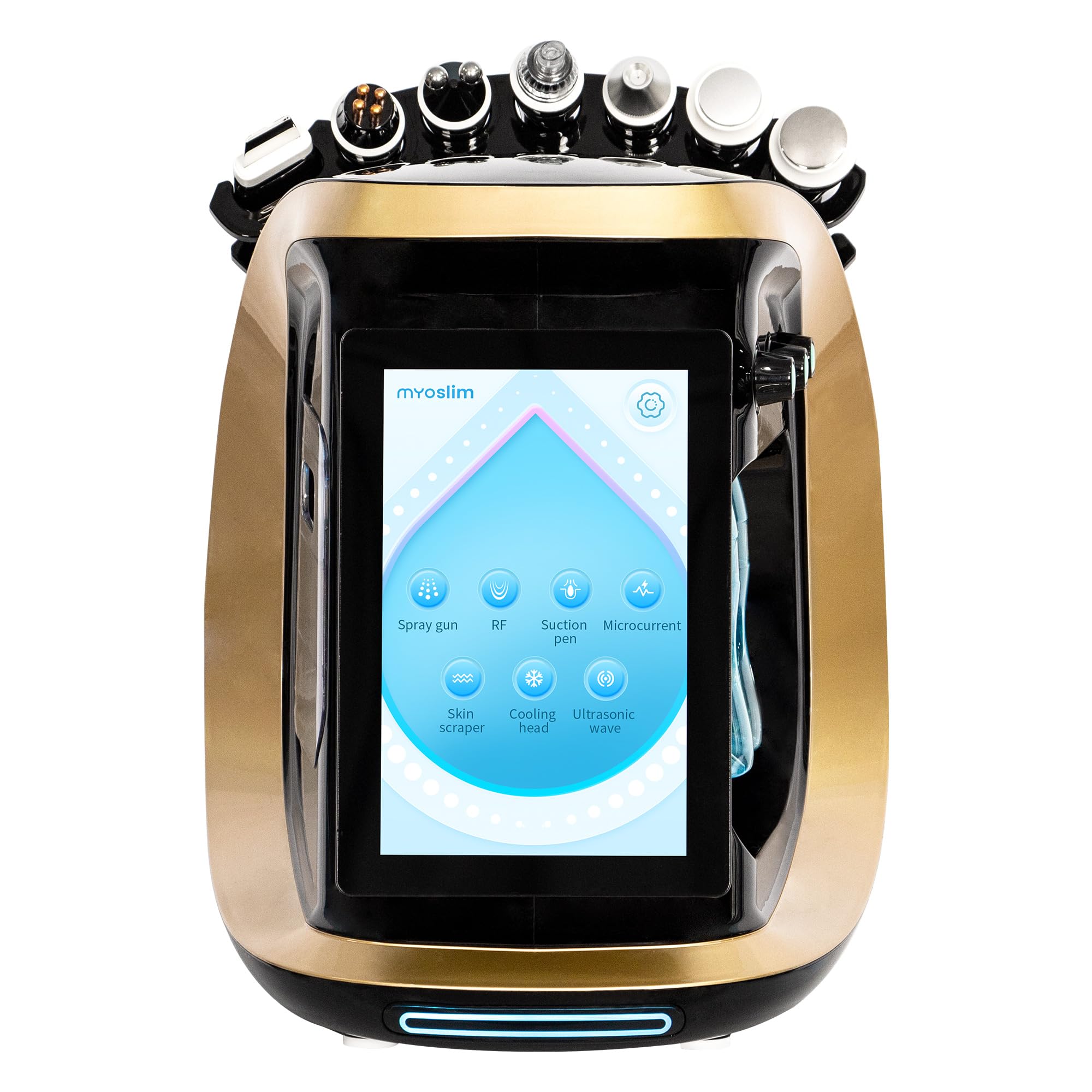 Dispositivo profesional 7 en 1 para la limpieza facial, herramienta de belleza hidratante y regeneradora de la piel, limpia profundamente, hidrata y reafirma la piel del rostro, color negro y dorado.