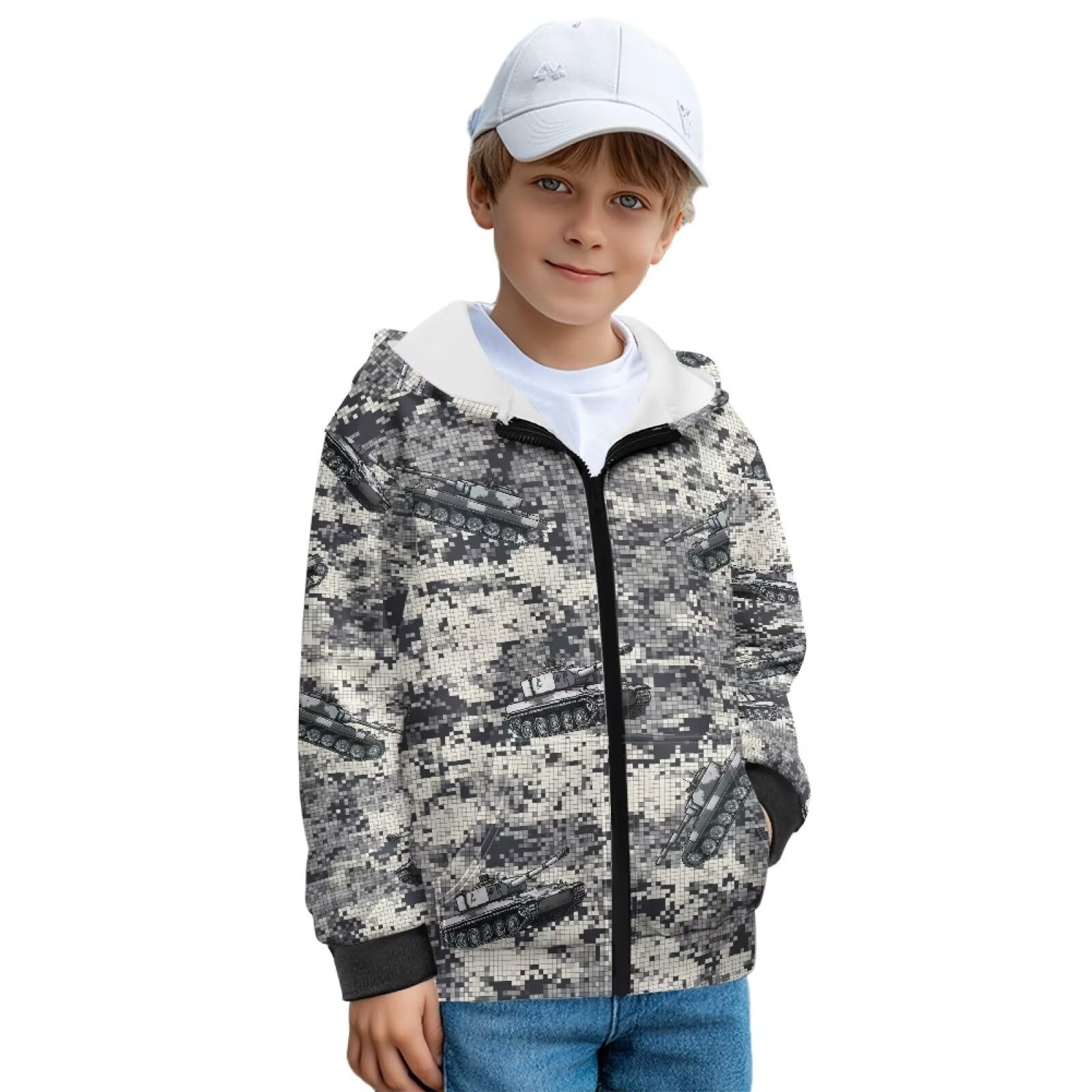 Xoenoiee Dziecięce bluzy z kapturem dla chłopców, zapinana na zamek, bluza 3D, fajna grafika zwierzęca, sweter z długim rękawem, top na jesień i zimę, Szary Camo Cartoon Tank, 6-8 Years