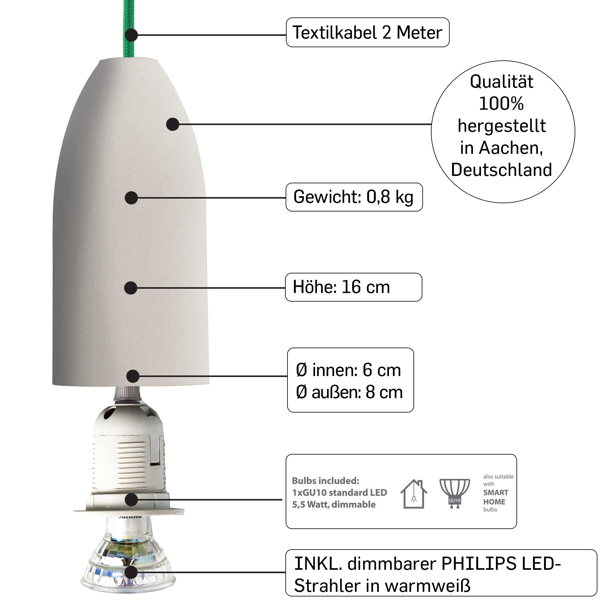 Pendelleuchte 3 flammig light edition, Küchenlampe hängend mit Textilkabel Grün, Hängelampe Esstisch aus Beton