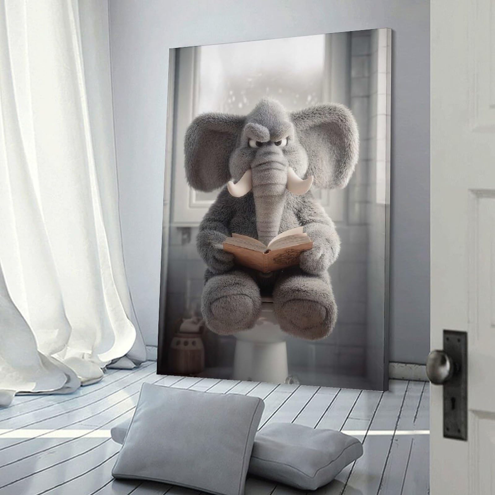 Junmoney Wall Decor Canvas Print Grumpy Elephant Reading on Toilet, 20x30inch(50x75cm), for Sofa Walls, Lounge Or Home Corners, Modern Wall Decor for Cosy Interiors