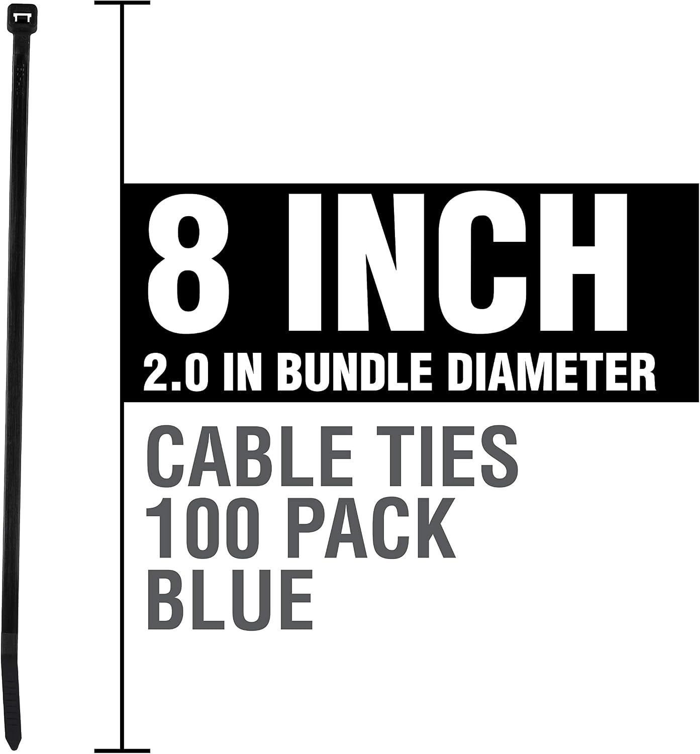 Cambridge ZipIts Nylon 6/6 UL Listed Cable Ties 8-in 50 Lb Standard Duty Self Locking Blue Zip Ties, 100 Pack, Contractor Quality and Strength