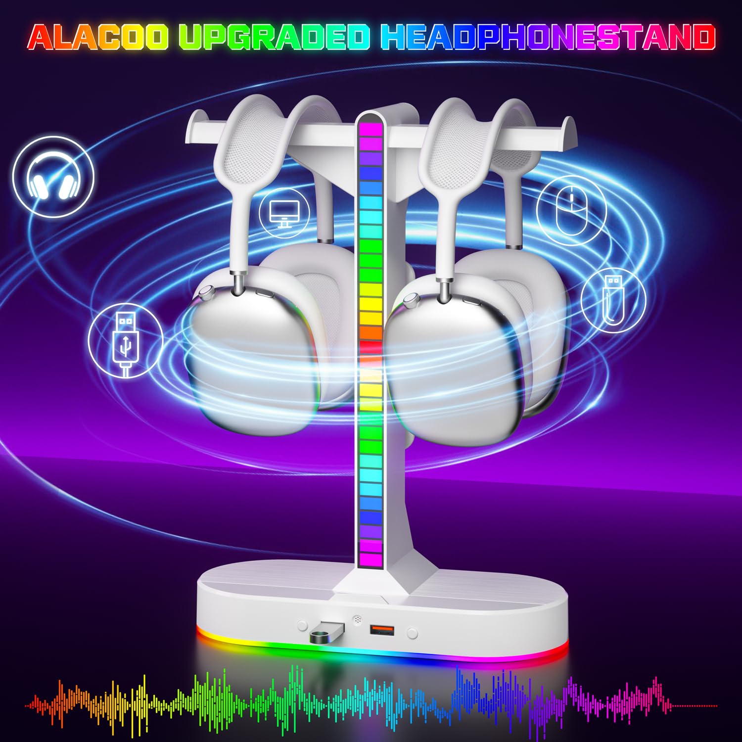 ALACOO Cool RGB - Soporte para auriculares con estación de carga, elegante soporte doble para auriculares, 3 puertos USB y audio de 3.5 mm, 8 modos de luz, el mejor regalo de juego para hombres