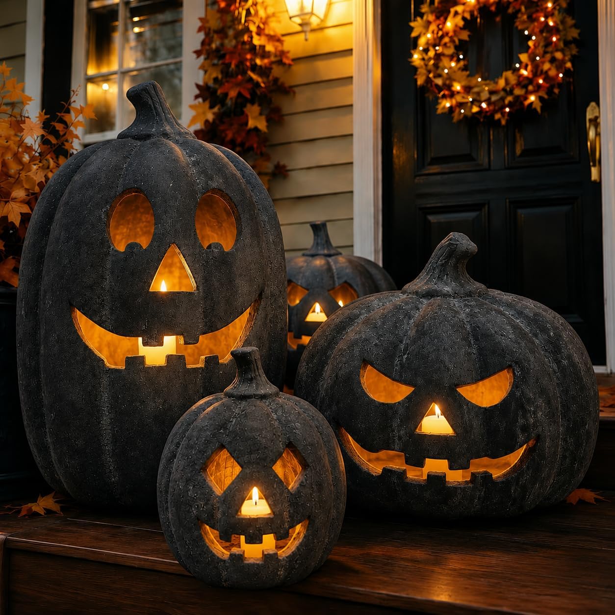 Halloween Decorations - Fall Decor - Black Handmade Terracotta Pumpkin Jack O' Lantern with Flameless Candle - Cute Farmhouse Table Centerpieces Decoration for Indoor Outdoor Front Porch