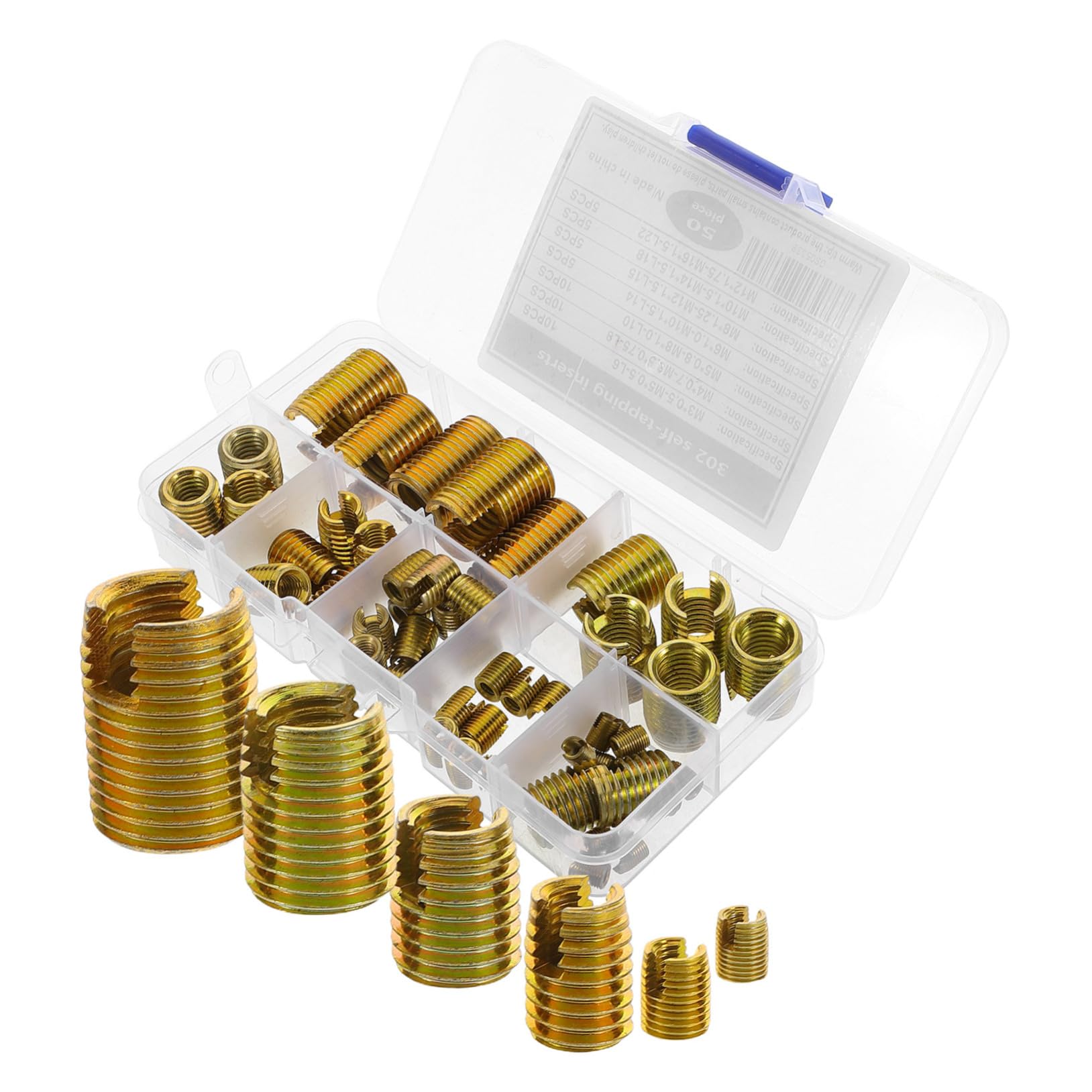 Kit inserts filetés autotaraudeurs acier 50 pièces avec boîte de rangement