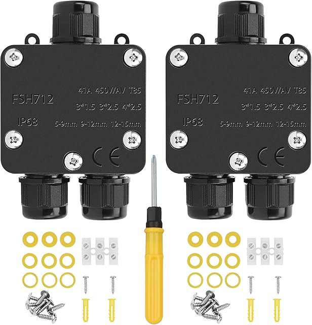 Waterproof Junction Box, 3 Way Outdoor Cable Connector IP68 Junction Box Electrical Junction Box for 5-15MM Diameter Cable,2 Pack