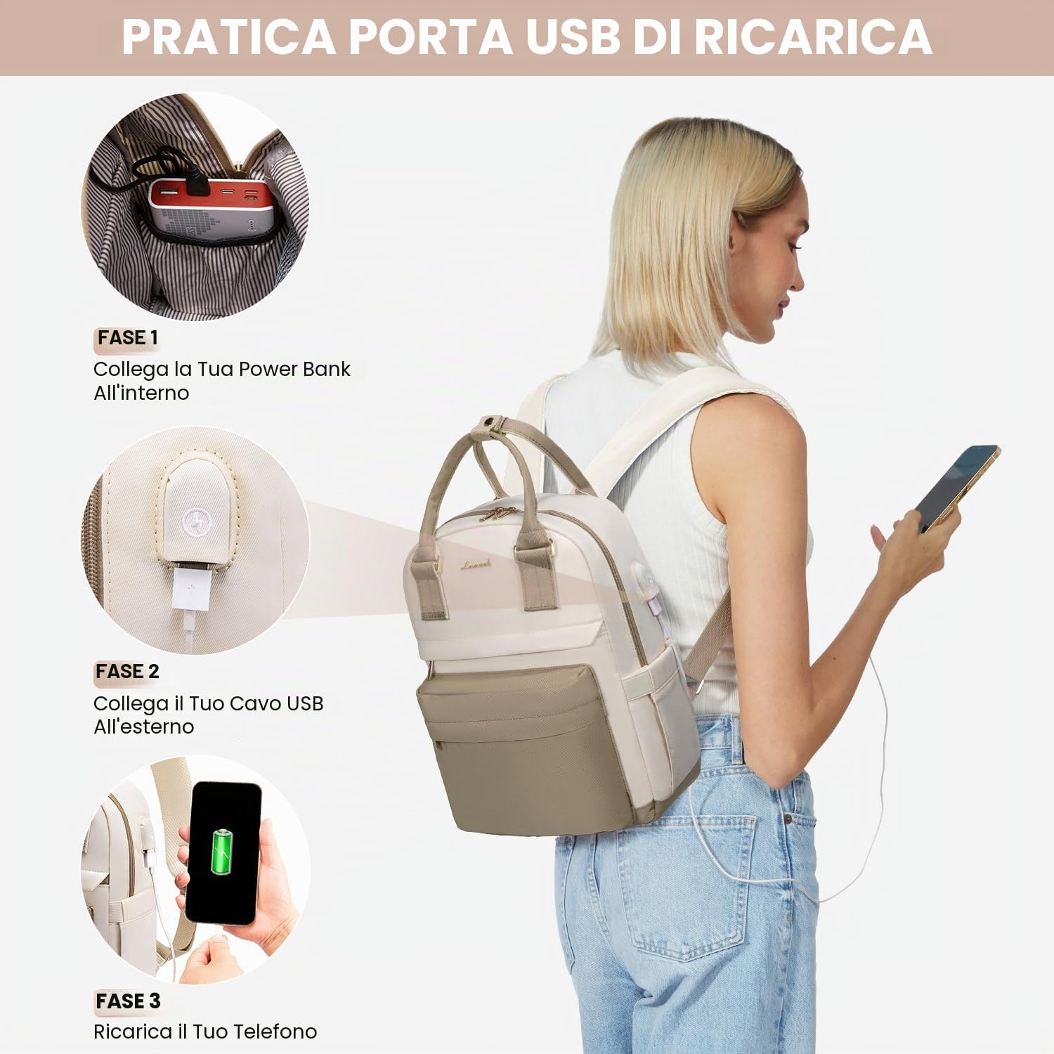 LOVEVOOK - Zaino da donna piccolo, impermeabile, zaino 2 in 1, da città, con porta di ricarica USB, mini zaino da donna, elegante, per il tempo libero, la scuola, i viaggi, il lavoro, 13,3 pollici,