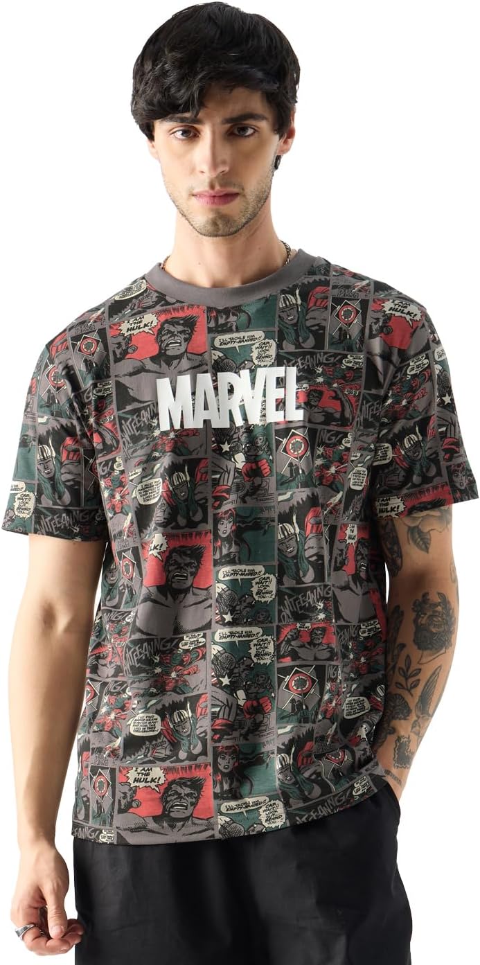 The Souled StoreOfficial Marvel: Comic Nerd Men and Boys Short Sleeves Round Neck Grey All Over Printed Cotton T-Shirts