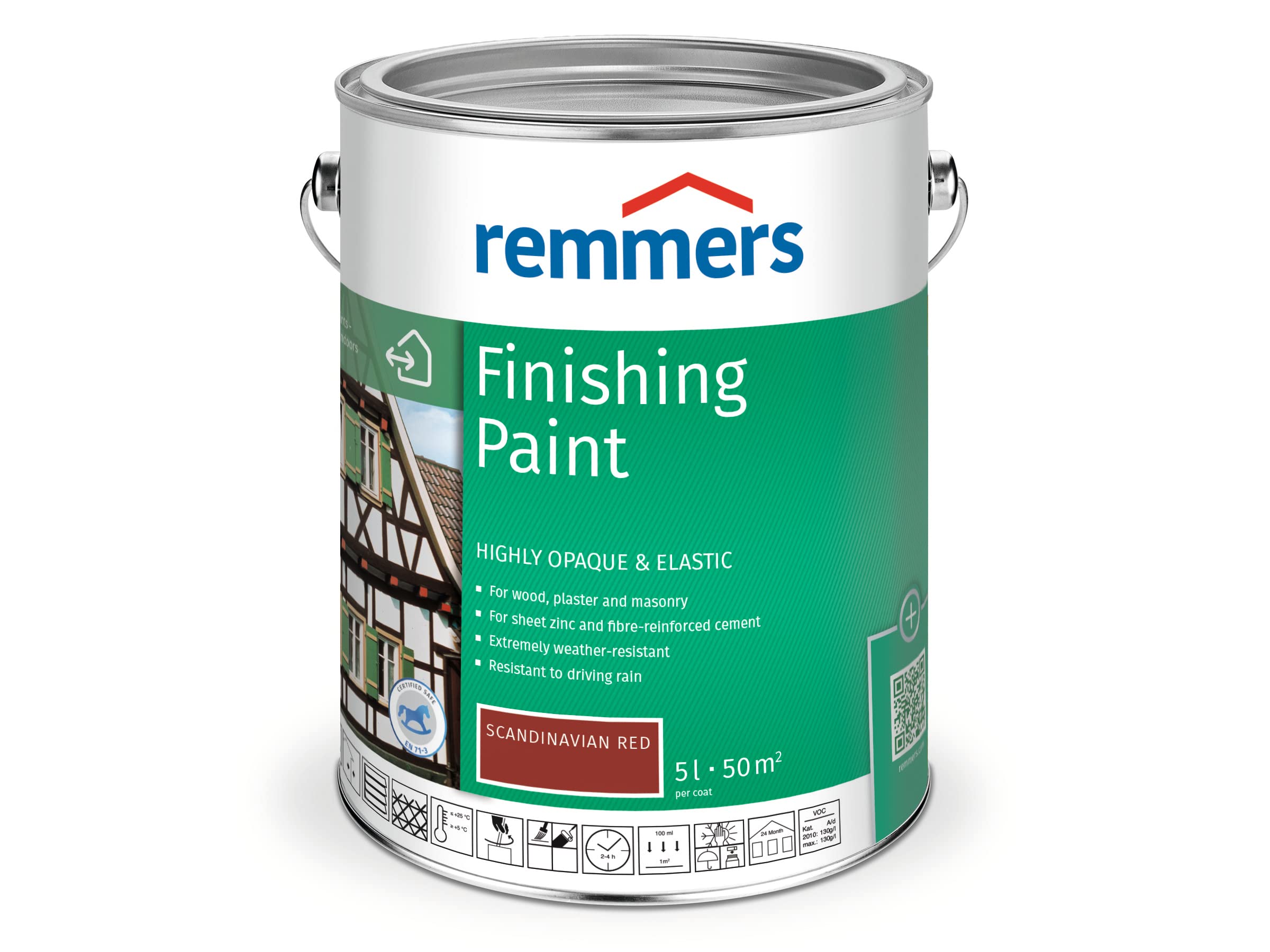Remmers Finishing Paint Scandinavian red, 5 litres, Water-Based Finishing Paint for Interior and Exterior use, Weather Protection Paint for Wood, zinc, Mineral and Many Other substrates