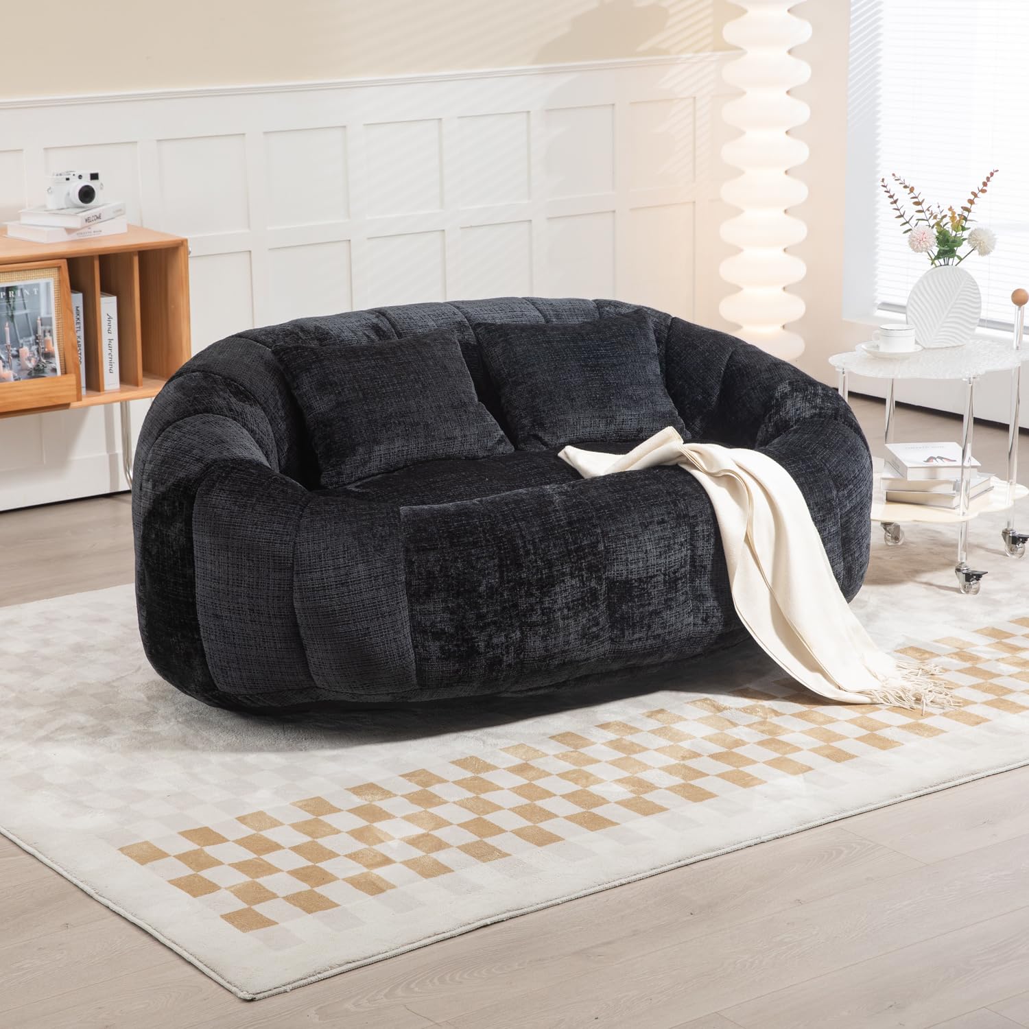 Giant Bean Bag Couch Chair with 2 Pillows, Oversized Memory Foam Bean Bag Sofa, High Back Chenille Floor Lounger for Adults, Living Room, Bedroom (Black)