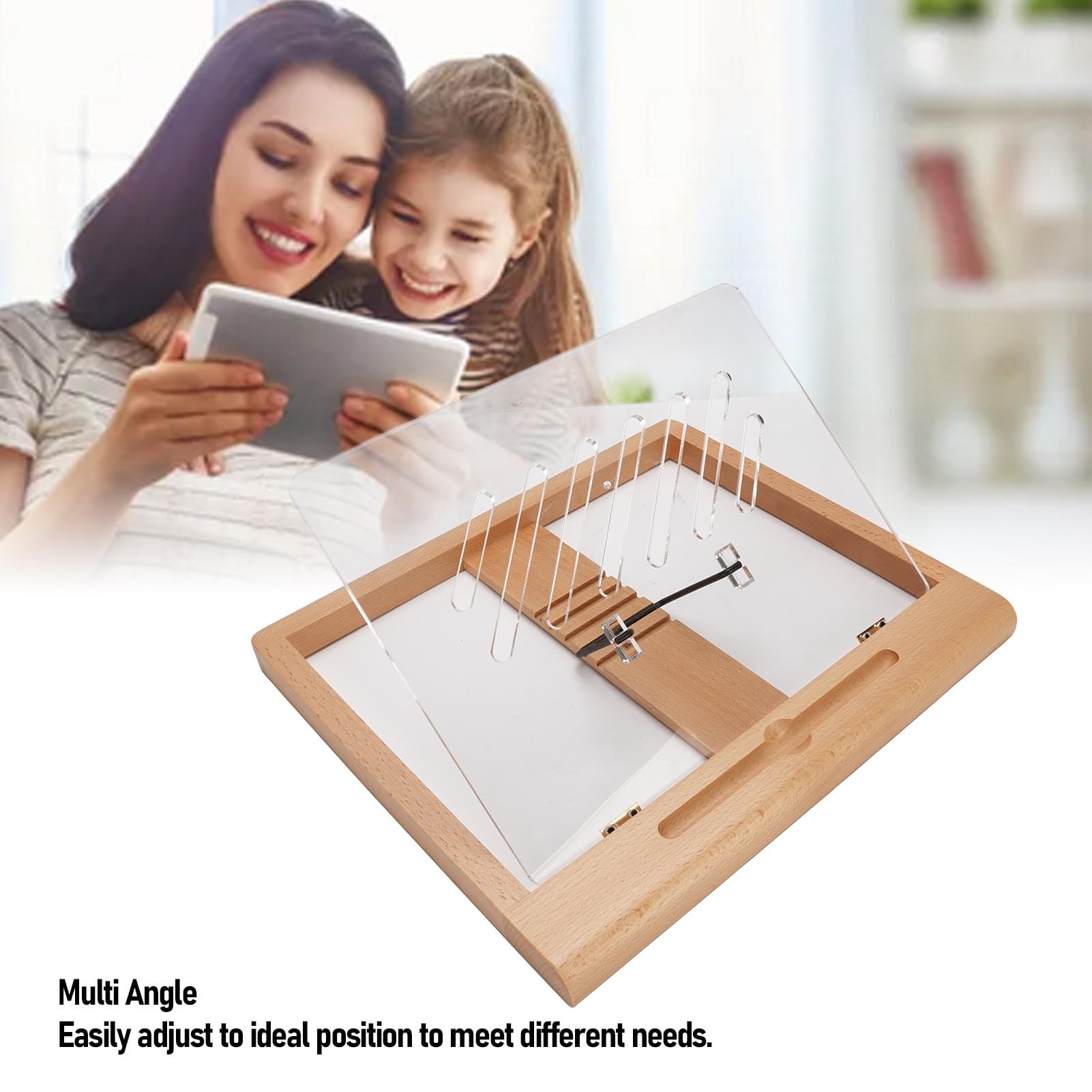 Supporto per Tablet in Legno Supporto Portatile per Disegno, Lettura, Digitazione, 5 Angolazioni, Ideale per Guardare Film, Giocare, Faggio, con Slot per Matita