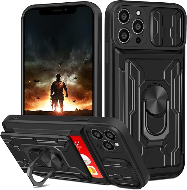 Aolcev for iPhone 13 Pro Max Case with Card Holder Wallet Case with Camera Cover Ring Kickstand Heavy Duty Hard PC Soft TPU Bumper Armor Shockproof Protective Case Cover for iPhone 13 Pro Max-Black