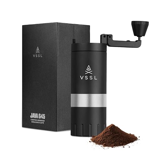 VSSL JAVA Manual Hand Coffee Grinder. 50 adjustable grind settings for Aeropress, French Press, Drip Coffee, Espresso with best-in-class stainless steel burrs. 20g grind capacity.