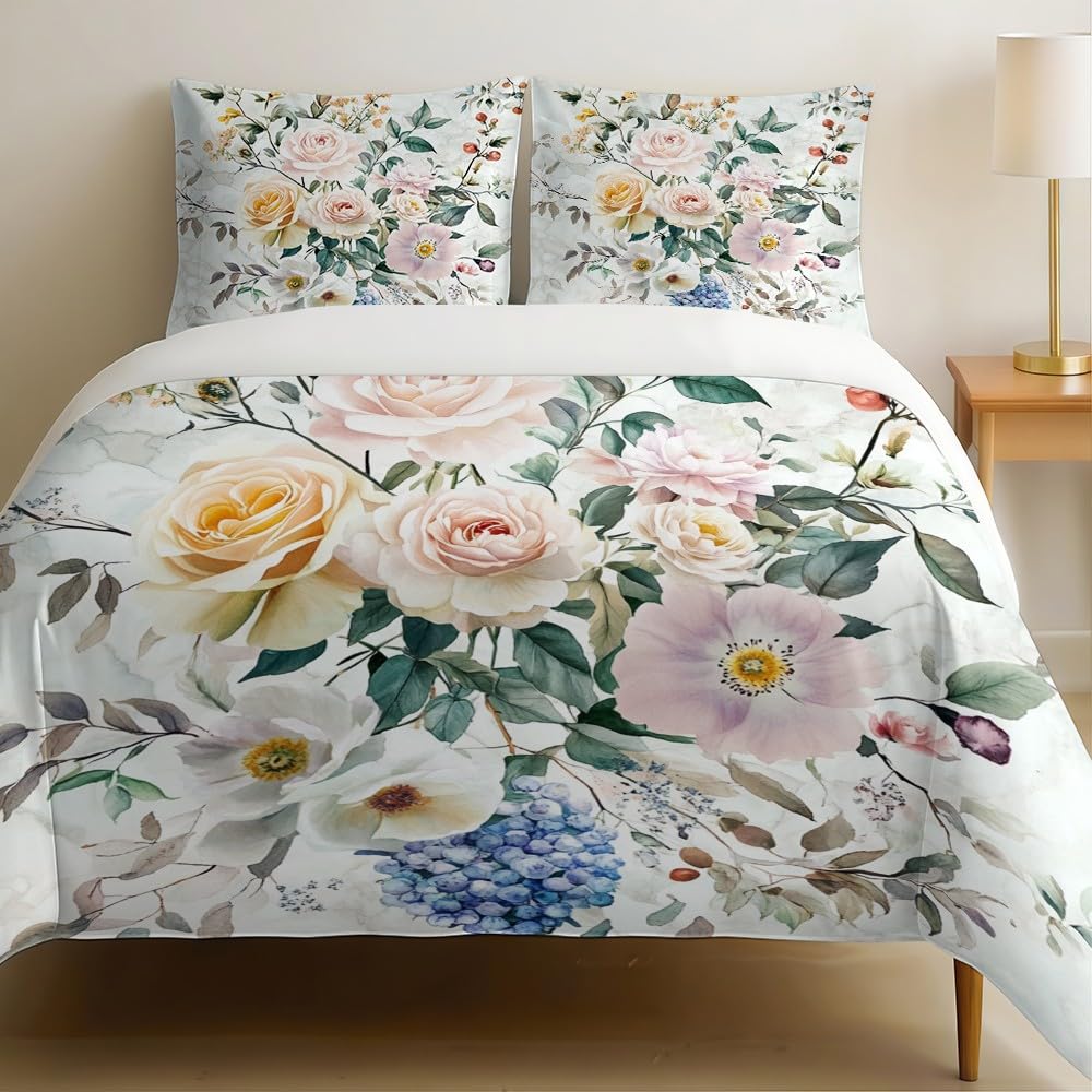 Housse de couette 200x200 cm motif floral aquarelle gris avec ses 2 taies d'oreiller