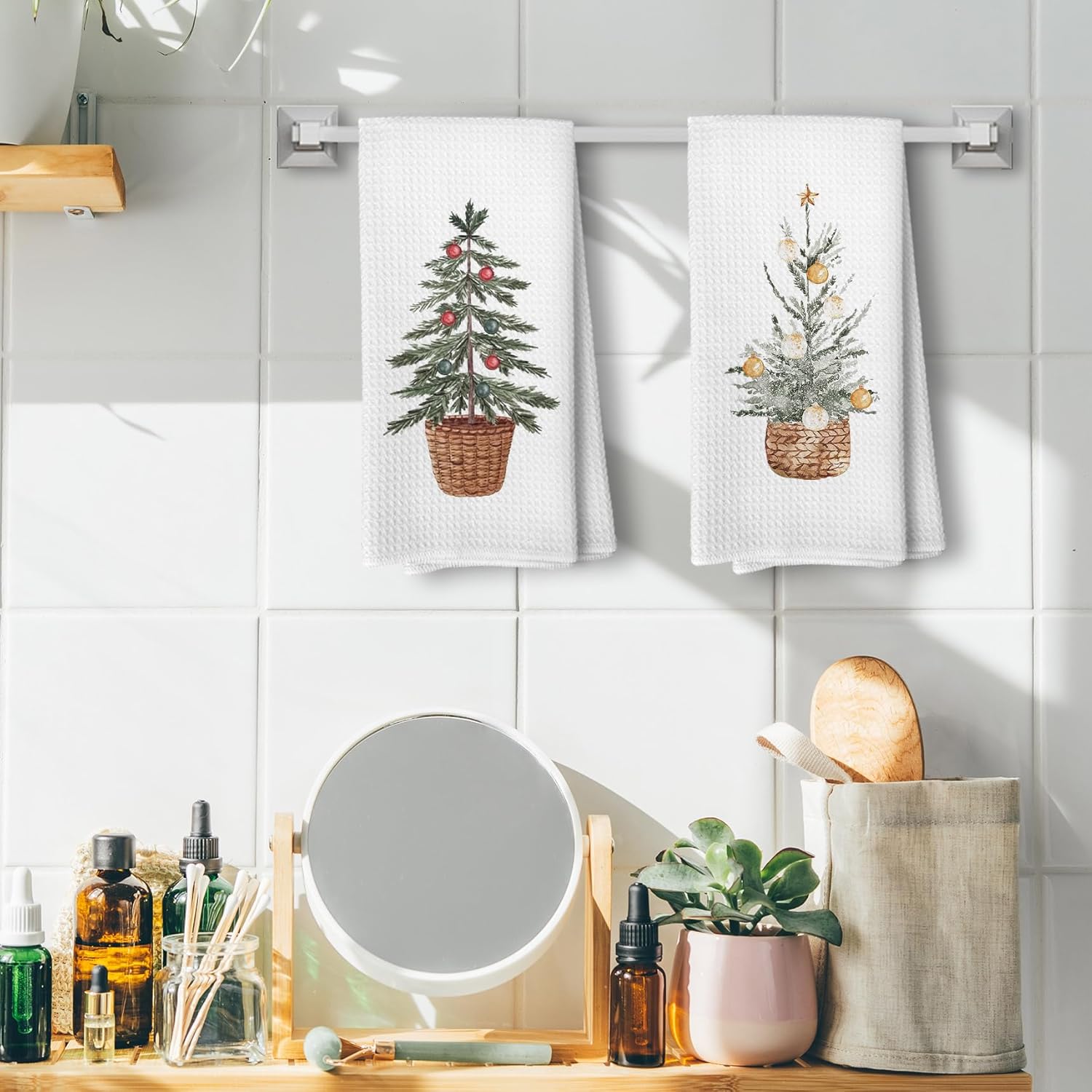 Christmas Tree Kitchen Towels Decor, Winter Christmas Tree Hand Dish Towels for Bathroom, Farmhouse Xmas Holiday Kitchen Bathroom Decor, 16x24 Inch Set of 4 - Image 2