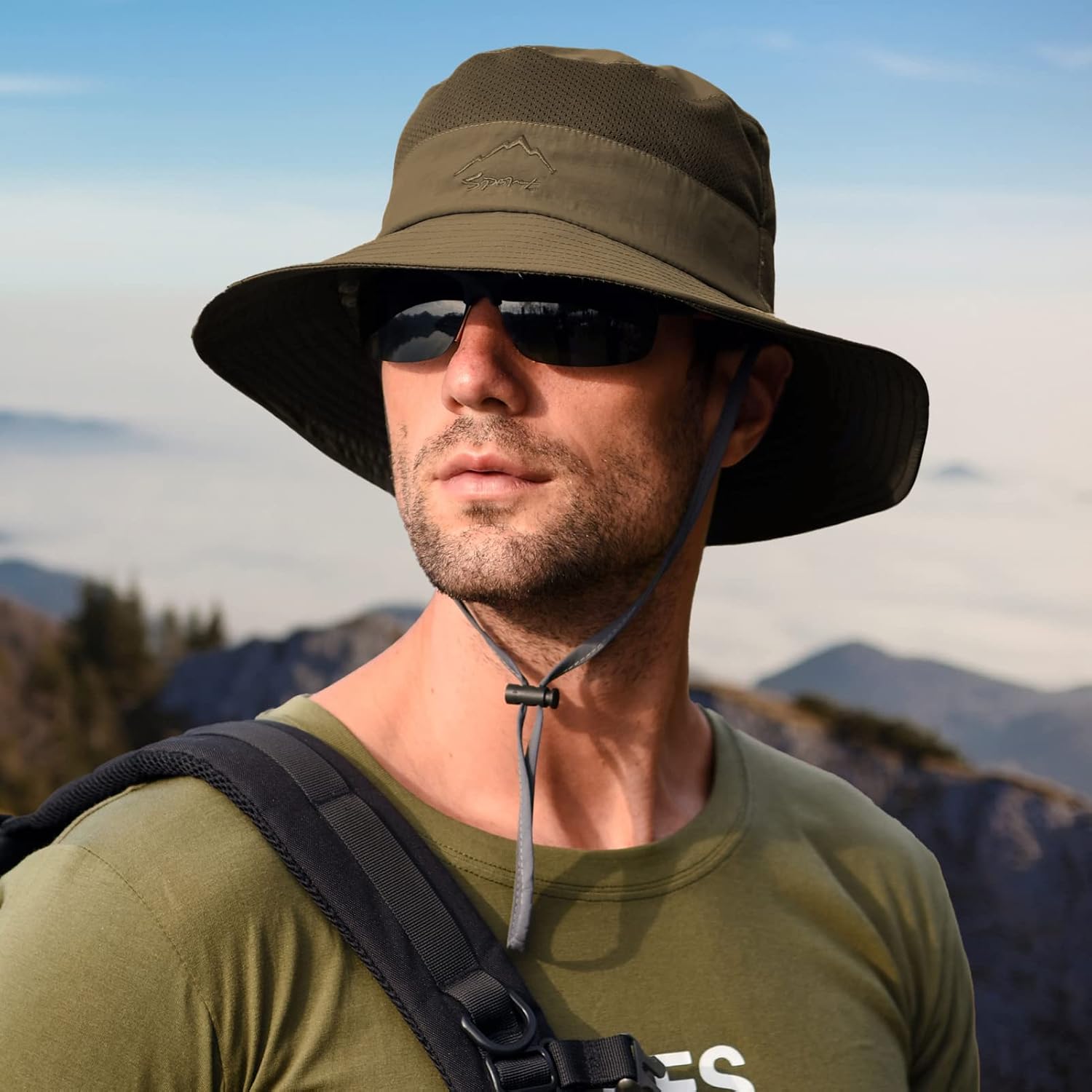 Honnesserry Fishing Hat, Mesh Face Flap, Adjustable, Green, photo 7 of 7