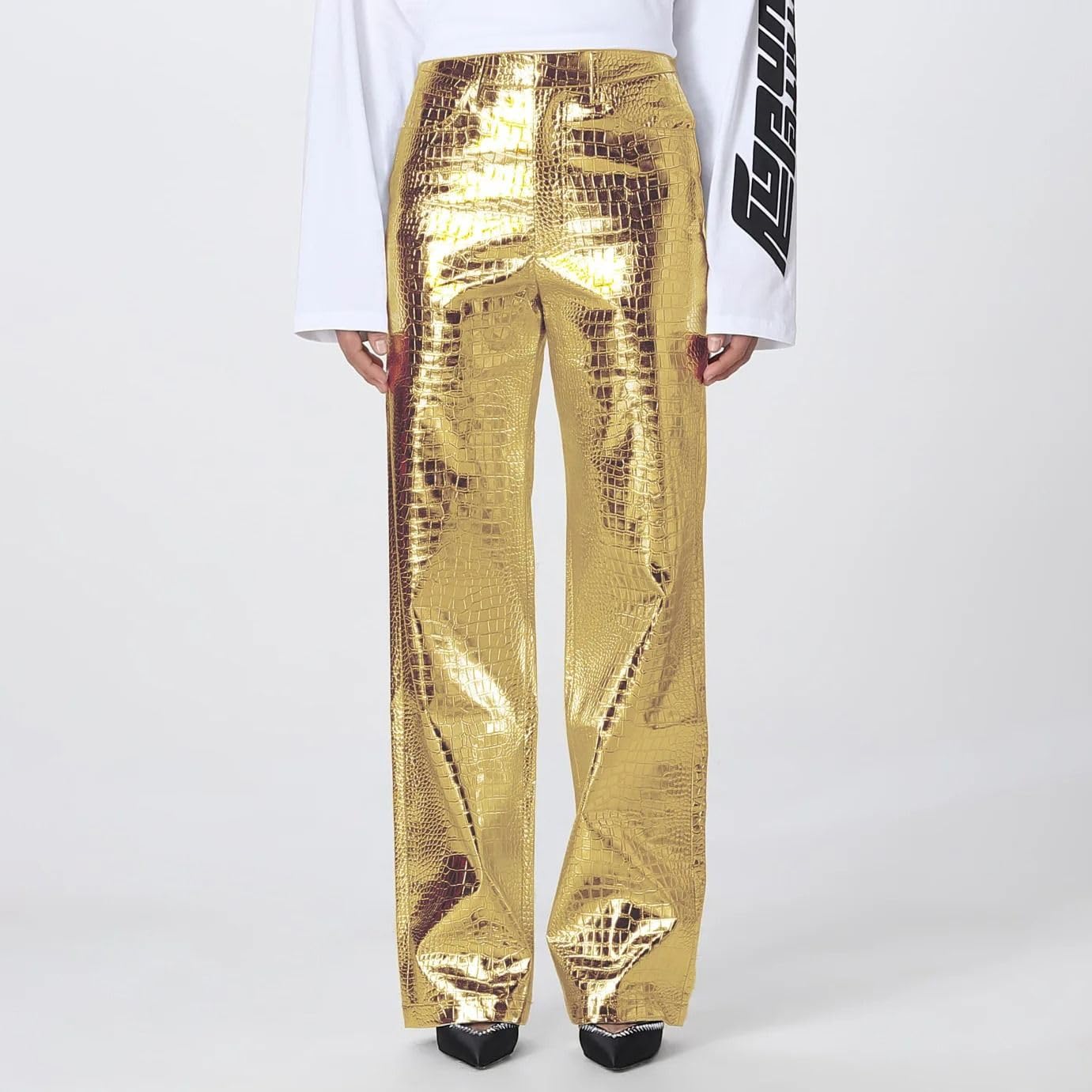 Pantalones de Cuero Anchos Rectos Dorados o Plateados para Mujer, Streetwear, Talle Alto, Cuero, para Fiesta, Club