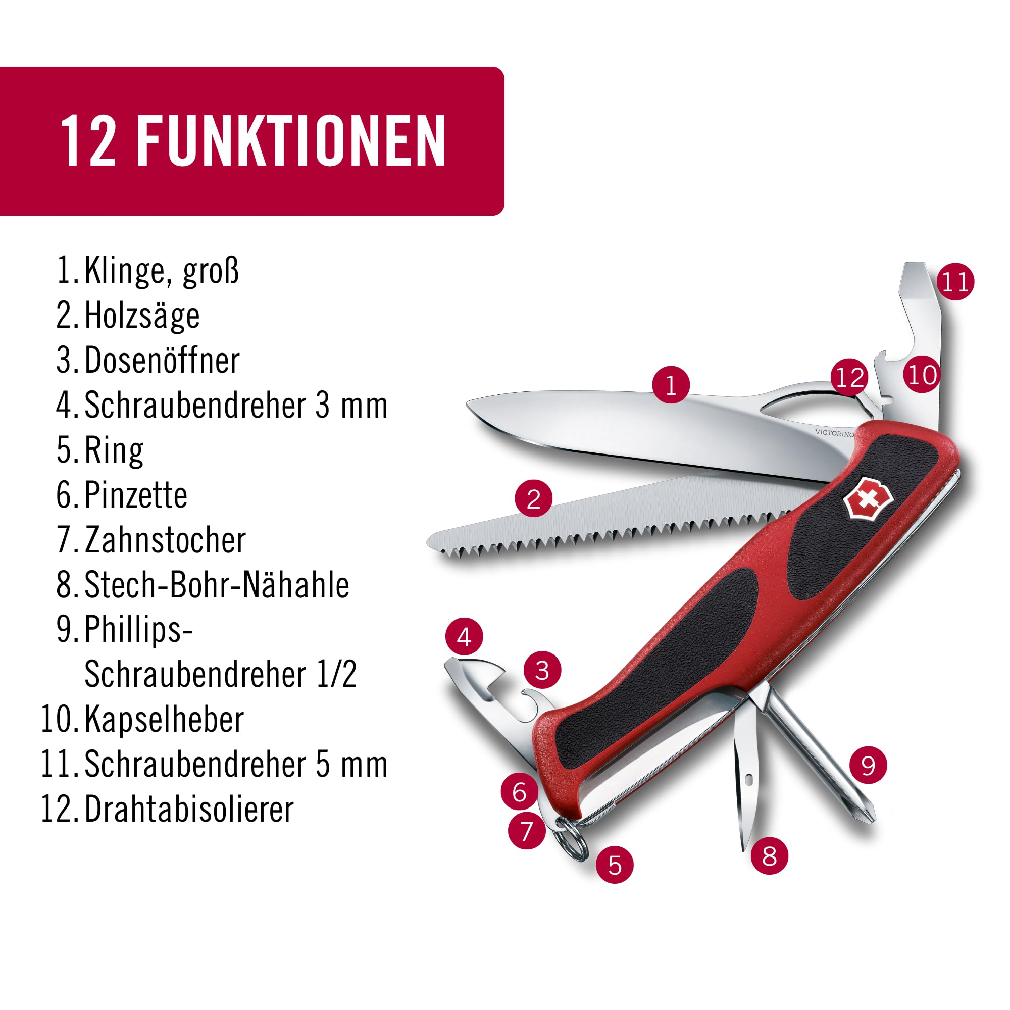 Victorinox Schweizer Taschenmesser Gross, Ranger 78 M, Swiss Army Knife, Multitool, 12 Funktionen, Einhand-Feststellklinge, Kapselheber, Rot/Schwarz