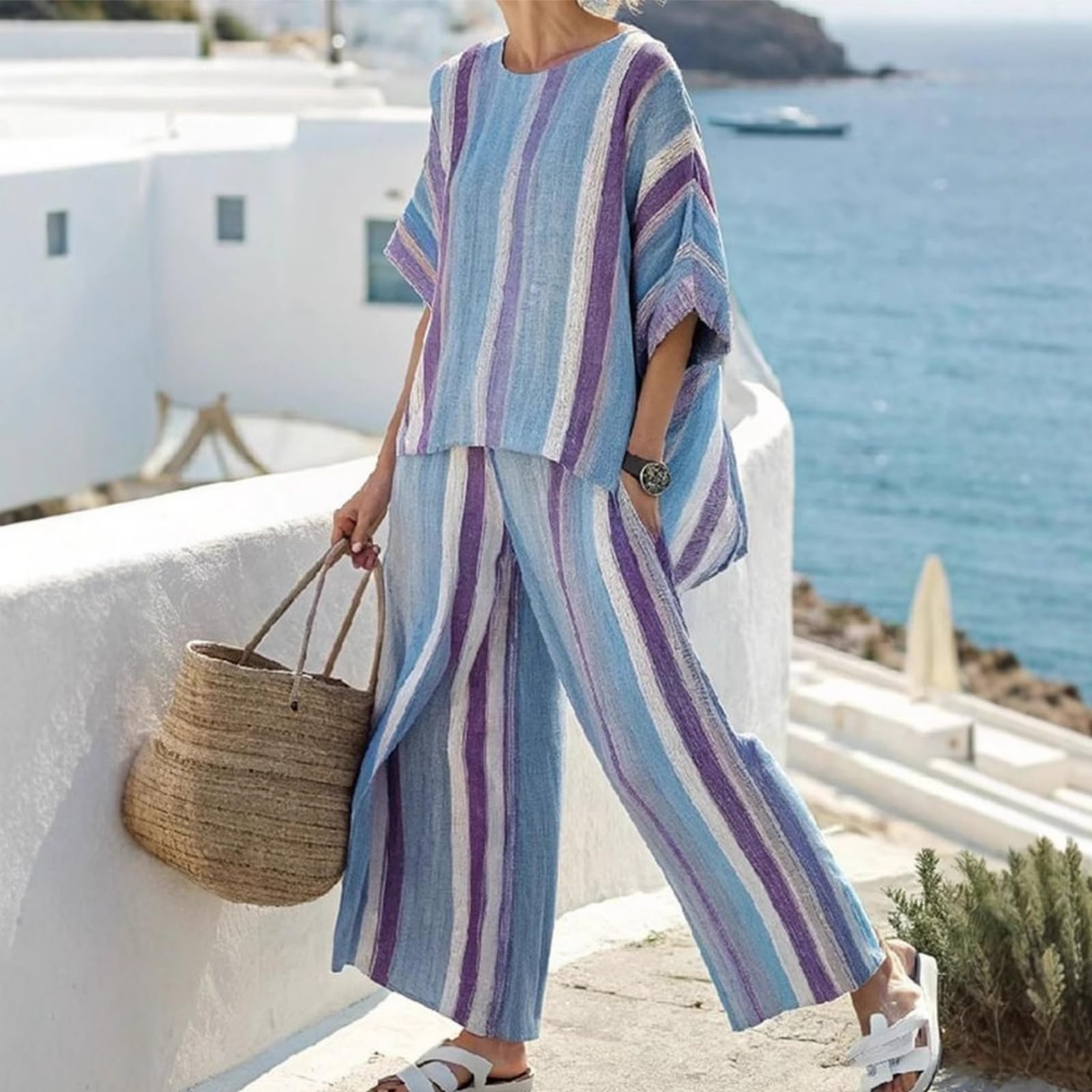Generisch Set di 2 pezzi da donna in lino con strisce oversize, con camicia e pantaloni a mezza manica larga