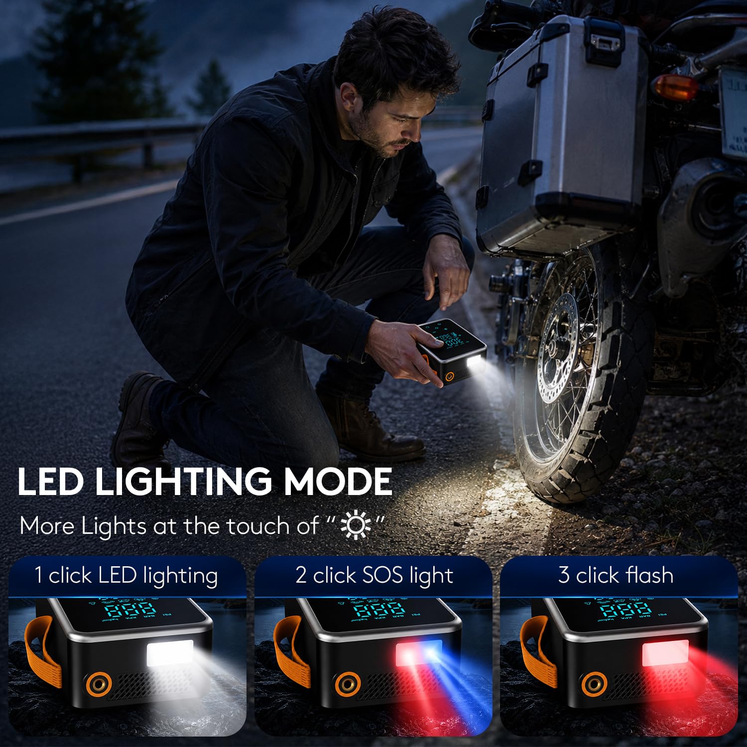 Pruk Compressore d'aria portatile senza fili, 150 psi, pompa digitale per pneumatici con batteria da 6000 mAh, luce di emergenza a LED, spegnimento automatico, pompa ad aria per auto, moto, bici