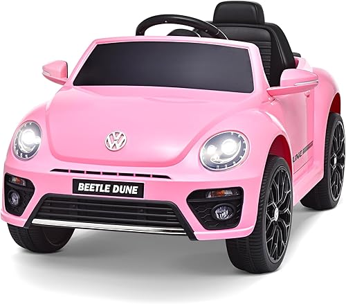 Joywhale Vehículo eléctrico de 12 V para niños, compatible con Volkswagen Beetle, con control remoto de 2.4 G, 3 velocidades, suspensión de resorte,