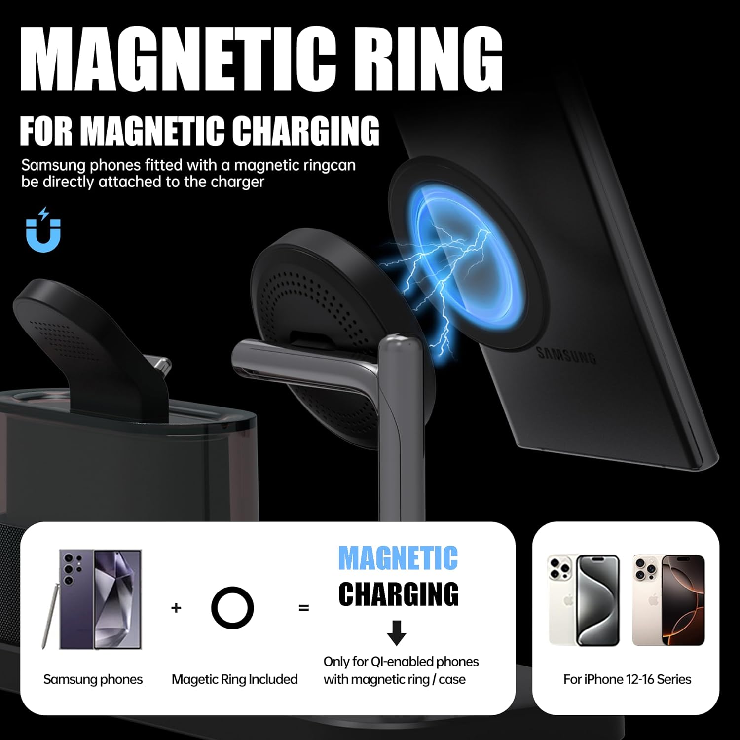 Magnetic Charger for Samsung, 5 in 1 Wireless Charging Station with Alarm Clock for Samsung Galaxy S25 Ultra/S24/S23/S22, Galaxy Watch 8/7/6/4/5, Galaxy Buds/Pro, Black - Image 2