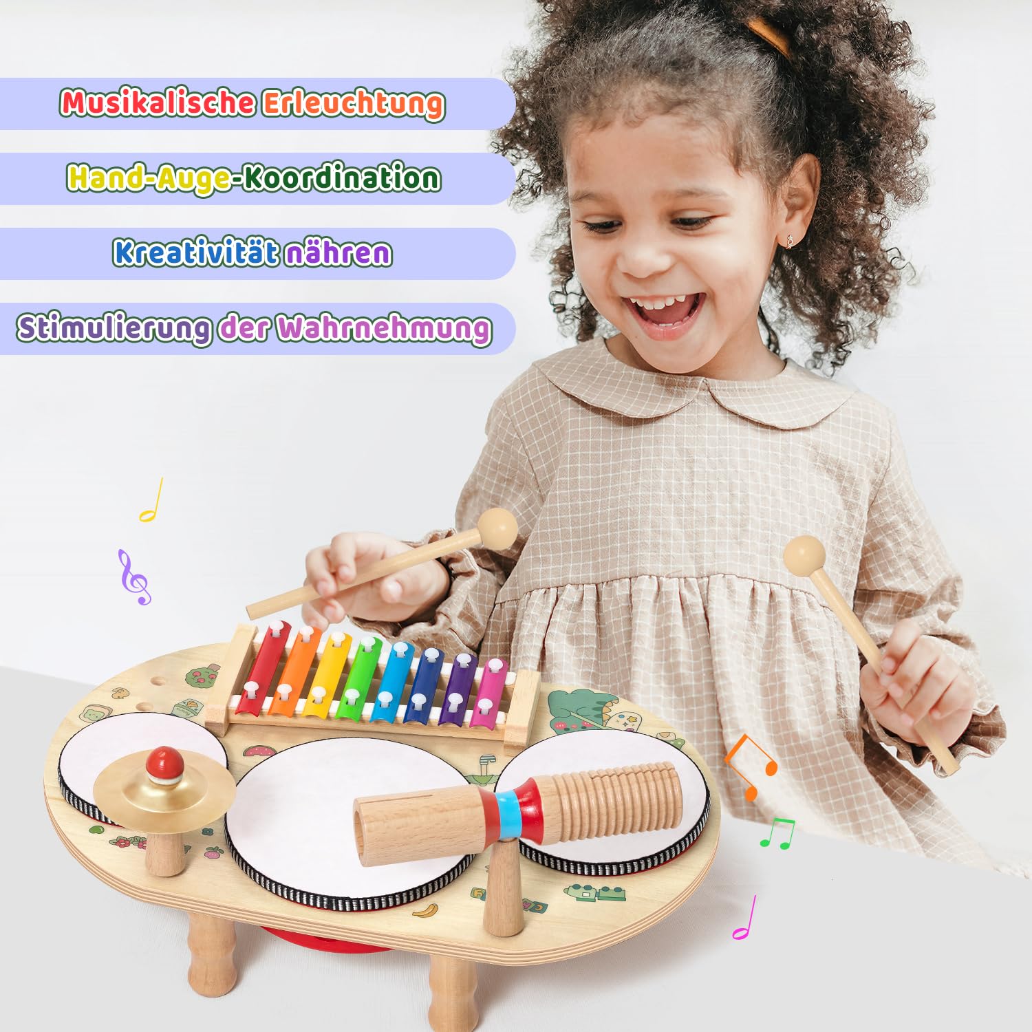 Schlagzeug Kinder, 8 In 1 Kinder Trommel Set, Musikspielzeug Musikinstrumente mit Xylophon, Holz Montessori Spielzeug für Jungen und Mädchen