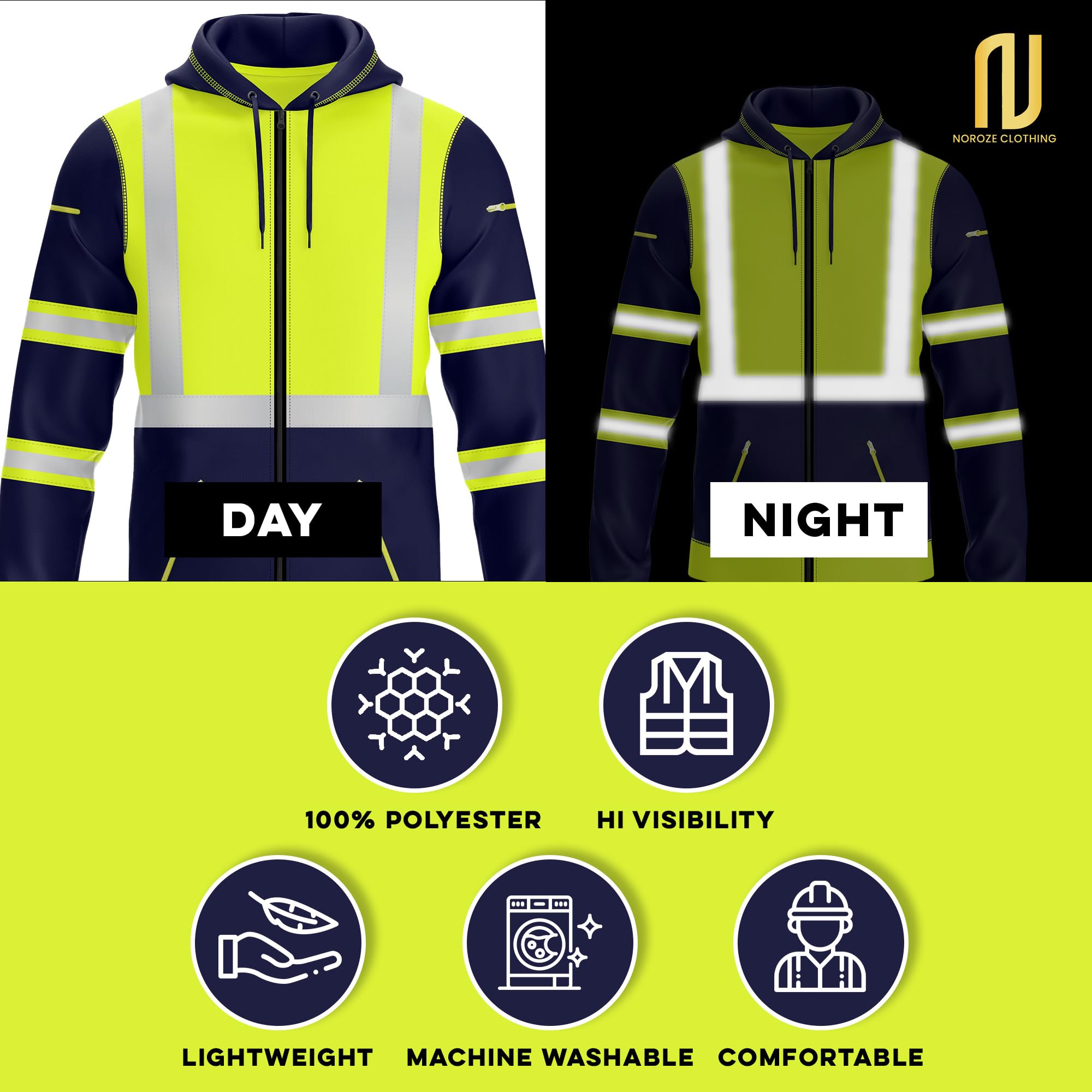 NOROZE Felpa da Uomo Hi-Viz con Zip Frontale con Nastro Riflettente ad Alta visibilità Cappotto di Sicurezza con Cerniere utilità per Telefono e Tasche per Gadget Felpa Top Jacket Taglia S-XXL