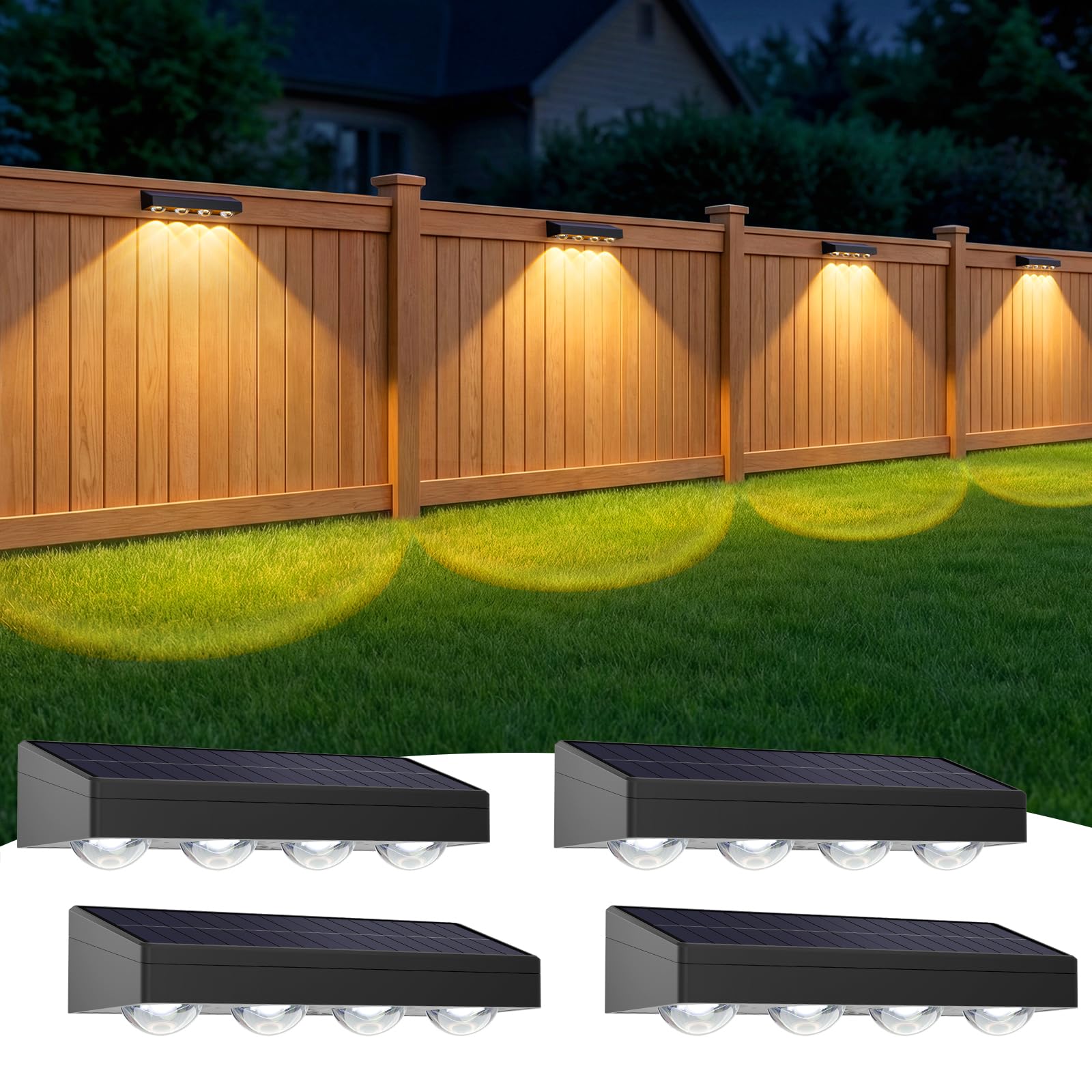 TYHBRV Solar Fence Lights Outdoor Waterproof, 3-Color Lighting Modes LED Solar Powered Deck Lights, Outdoor Step Lights for Railing, Patio, Wall, Backyard(4 Pack)