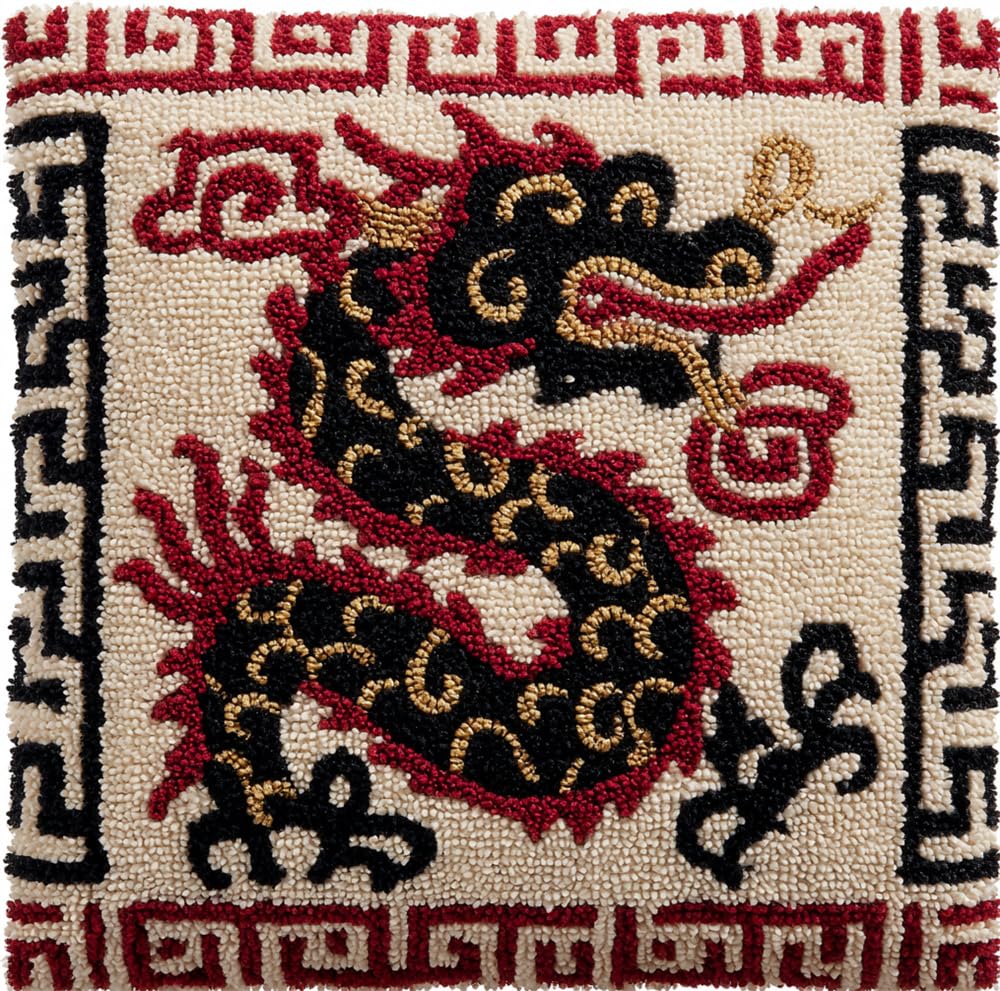 Taxpy Latch Hook Kits Pillow Chinese Dragon Printed Cushion Crochet Yarn Embroidery Needlework Hook and Latch Kit Pillowcase Rug Cover Home Decor 43X43Cm