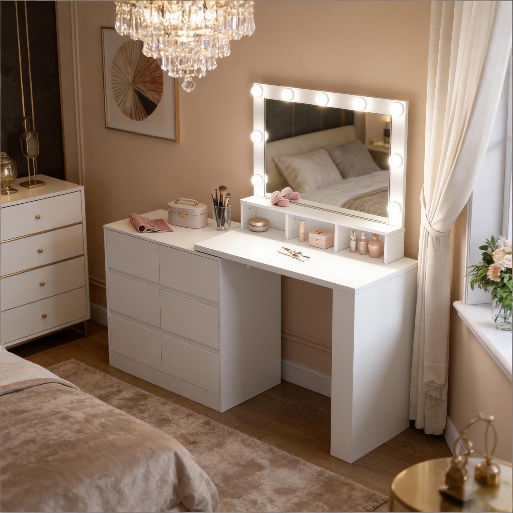 Tavolo da toeletta con specchio LED, a forma di L, 6 cassetti
