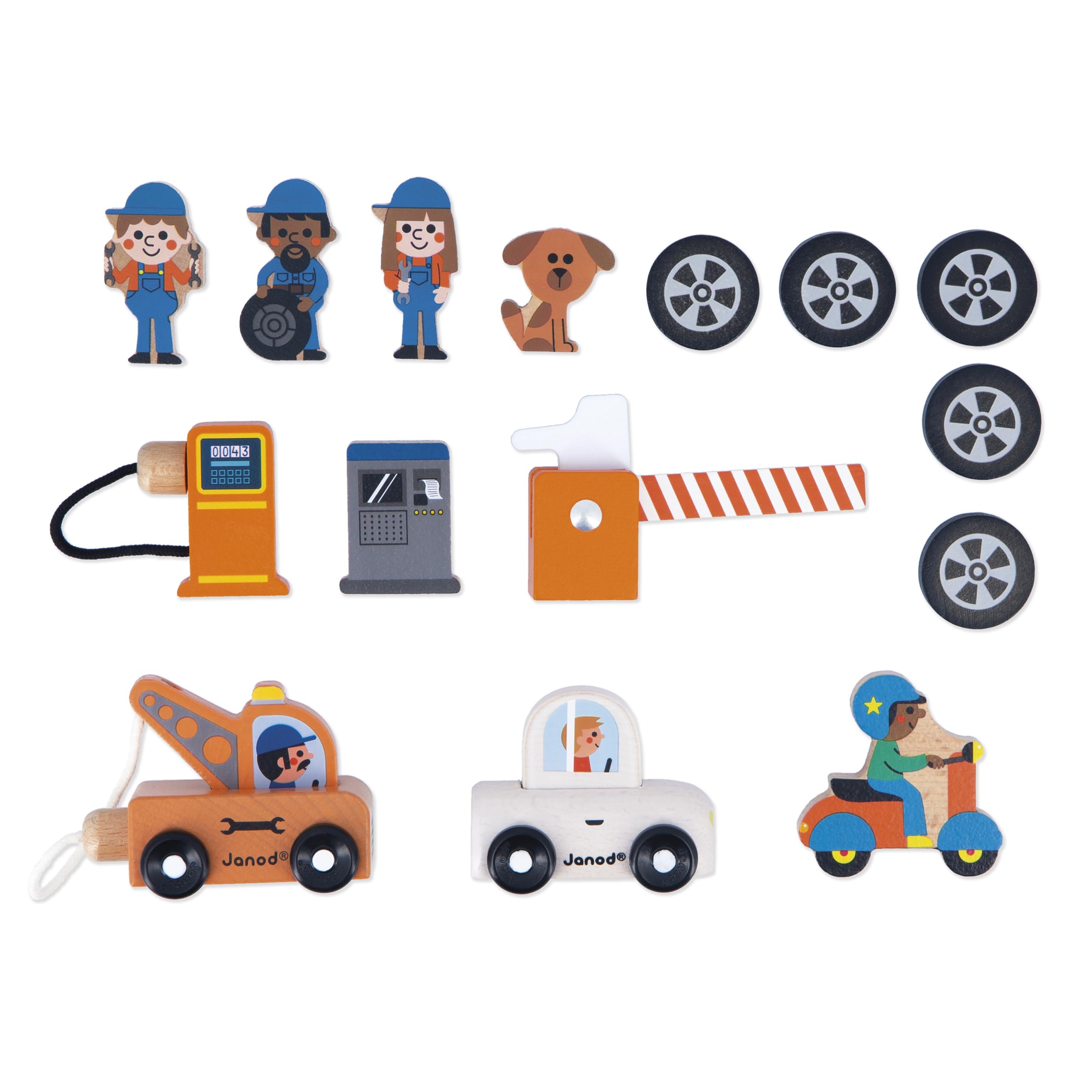 Janod - Mon Premier Garage Voitures en Bois Enfant 2 Ans et Plus - 2 Niveaux, Atelier Mécanique + Lavage Auto - 15 Accessoires Inclus - Dès 2 Ans