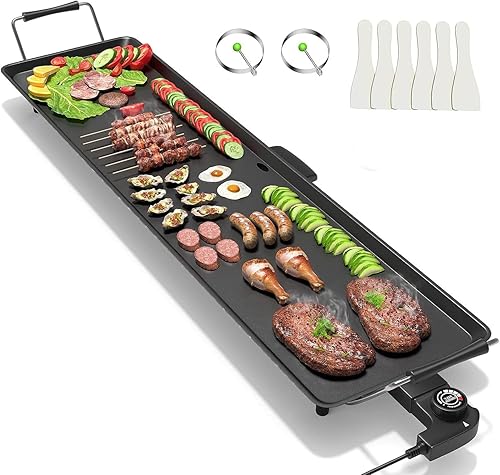 Plancha eléctrica de 35 pulgadas, extra grande antiadherente para cocinar con parte superior plana, temperatura ajustable de 5 niveles, bandeja de