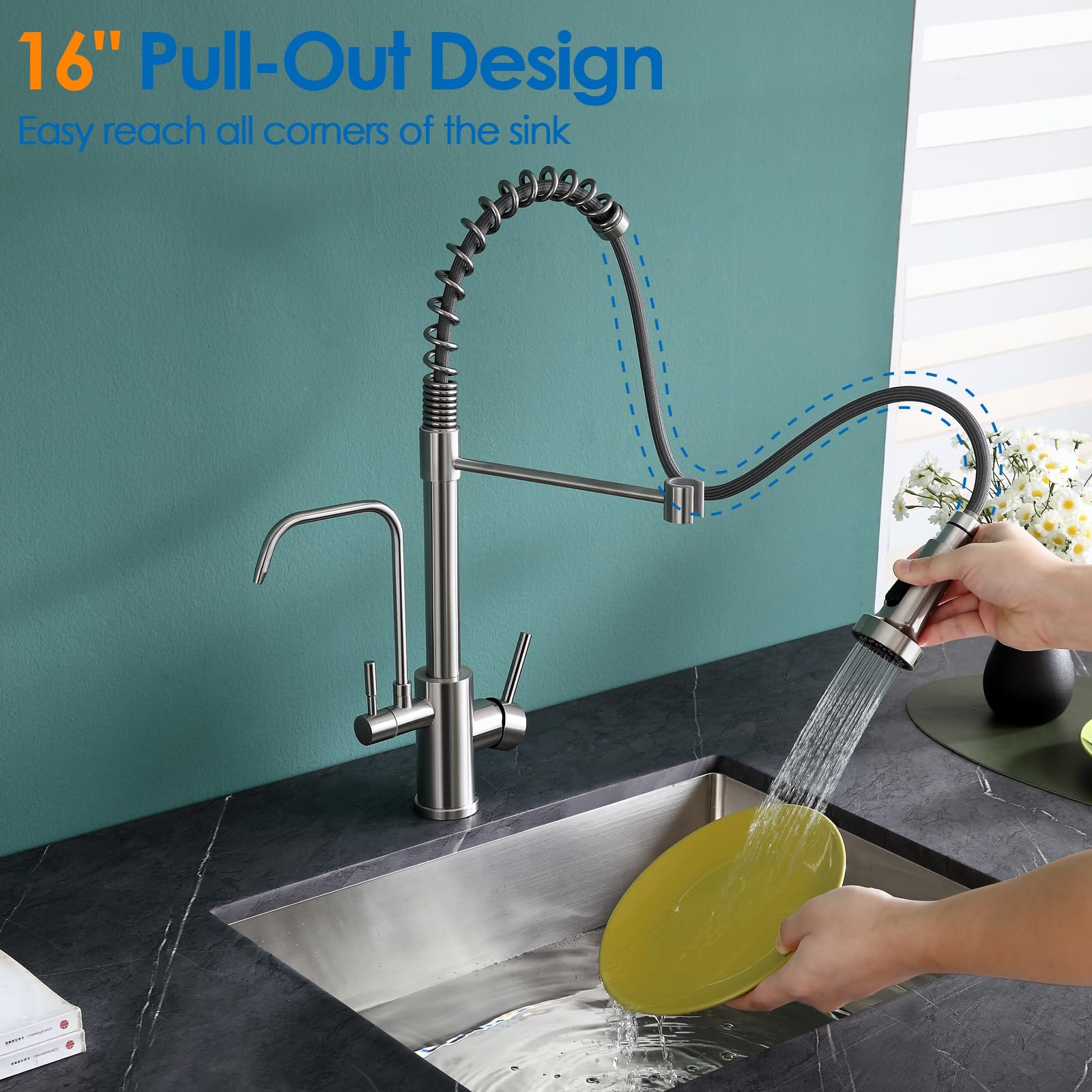 3-in-1 Kitchen Faucet With Drinking Water Filter - Pull Down Sprayer Brushed Nickel