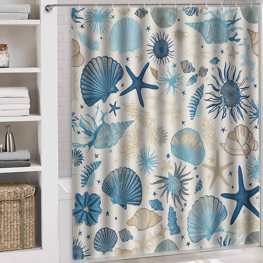 Duschvorhang „Unter dem Meer“ mit Muschel- und Seesternmotiv, Ozean-Print, Polyester, 3D-Digitaldruck, Badezimmervorhang mit Haken (180 x 300 cm / 71 x 118 Zoll (B x H))
