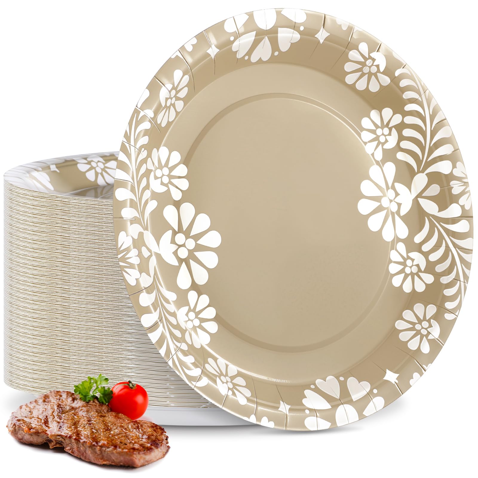 Havawish 30 Pcs Beige Disposable Paper Plates - Talavera Mexican Print Design Fancy Plates for Baby Party Decorations Wedding Birthday Bridal Shower