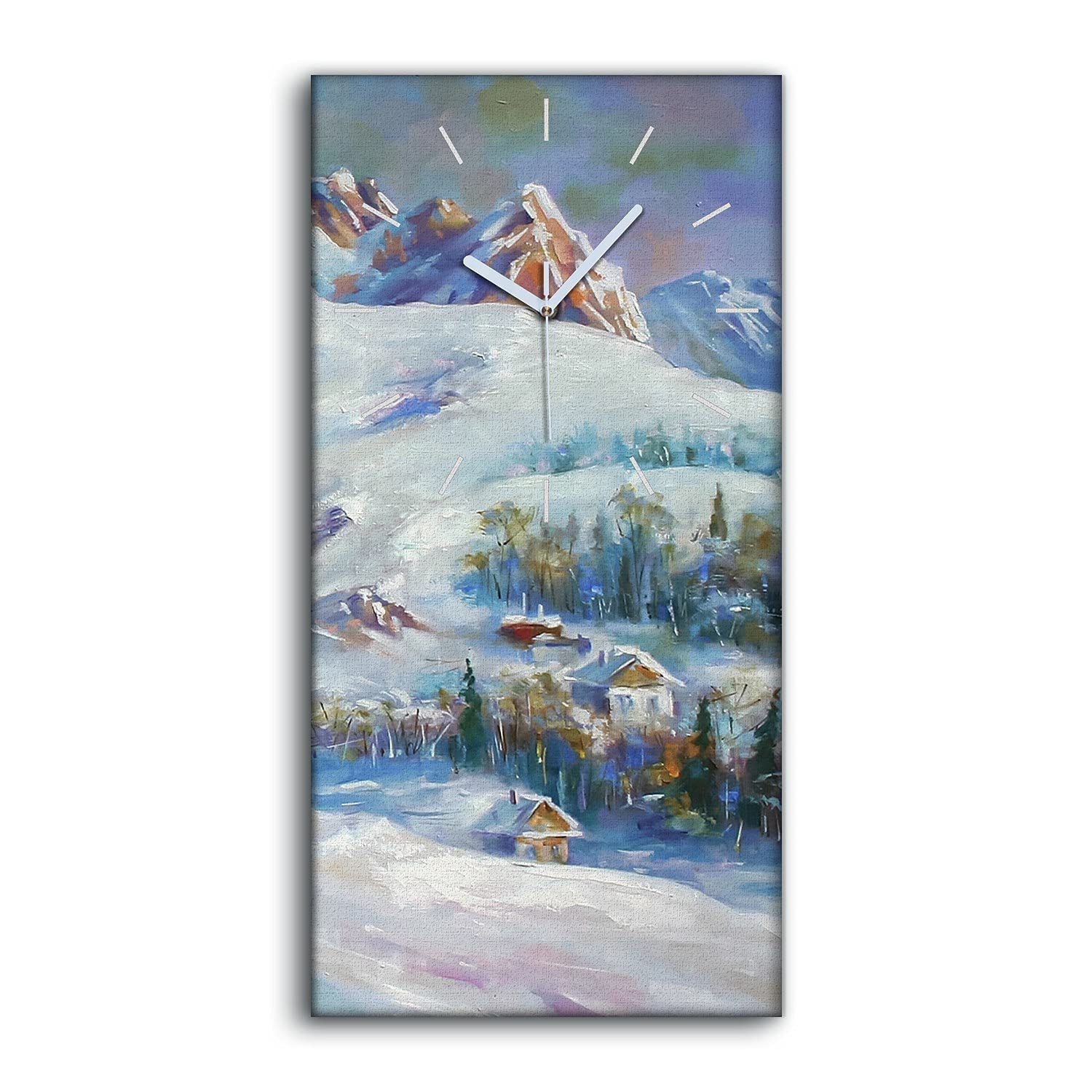 Horloge sur Toile 30x60cm Neige de Montagne Décoration Murale Moderne pour Salon